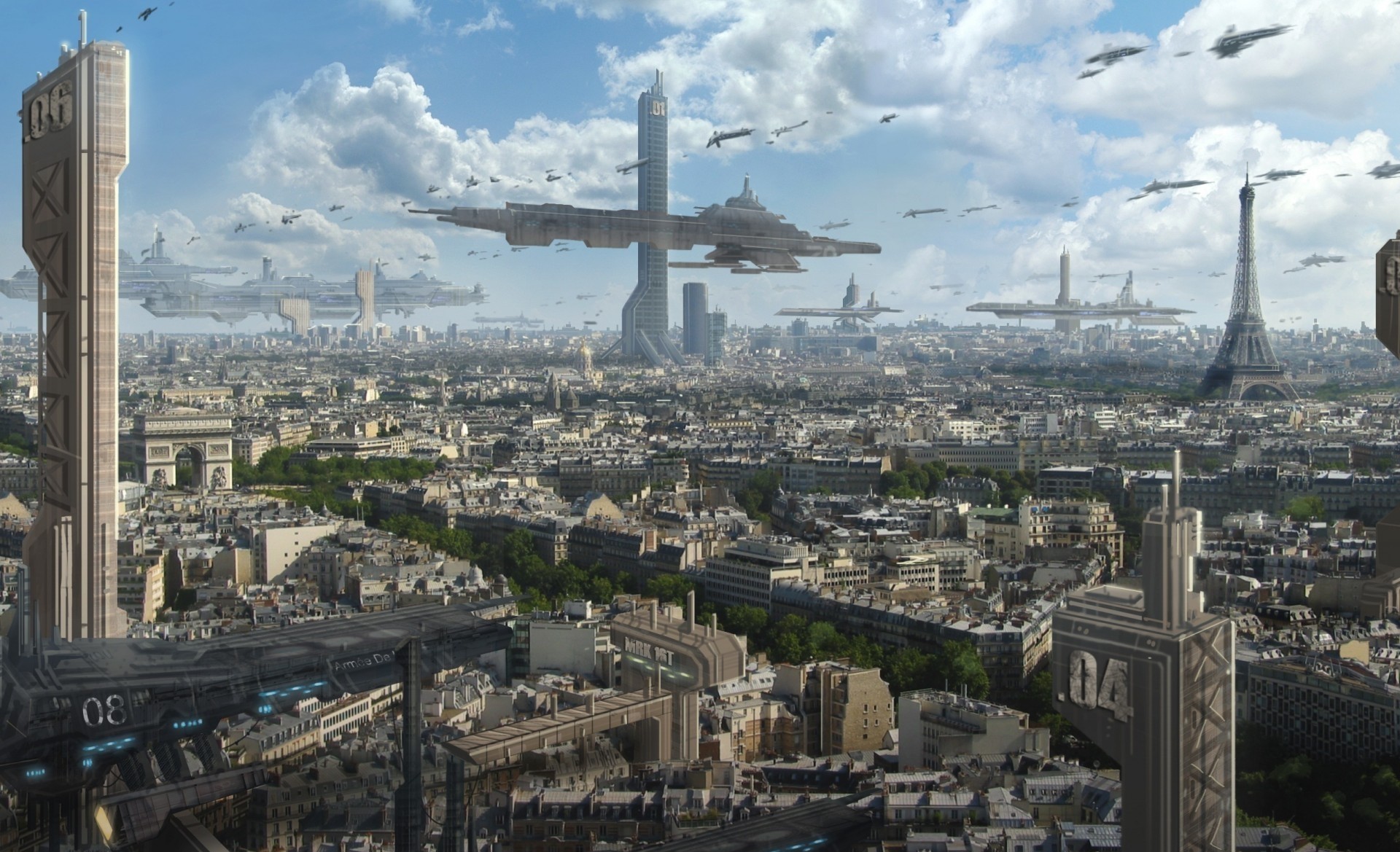 General 1920x1169 Paris France city futuristic science fiction digital art building cityscape clouds skyscraper Eiffel Tower street Arc de Triomphe spaceship airships futuristic city