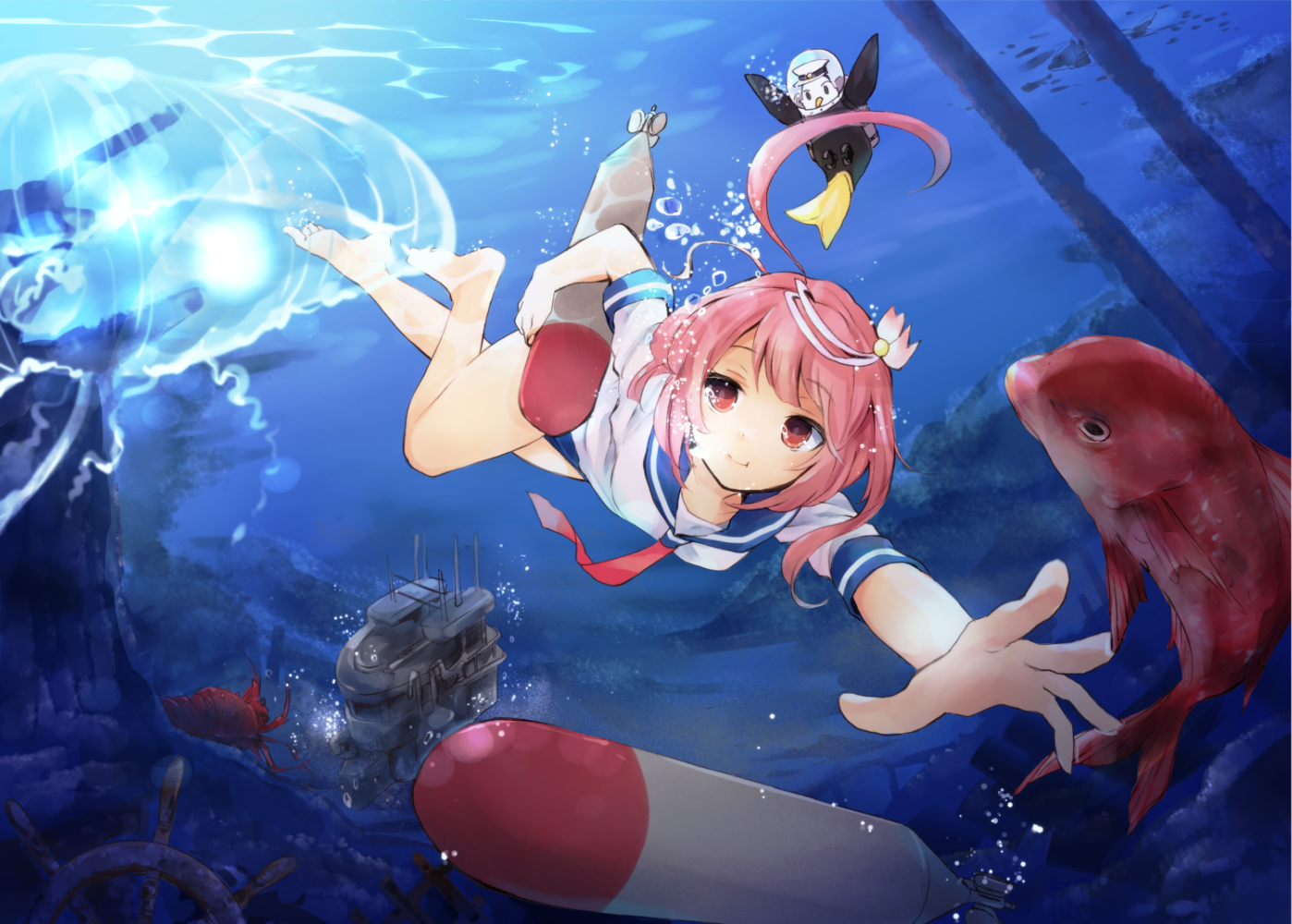 Anime 1398x1000 anime girls ahoge I-58 (KanColle) Kantai Collection pink hair underwater swimming fish torpedo