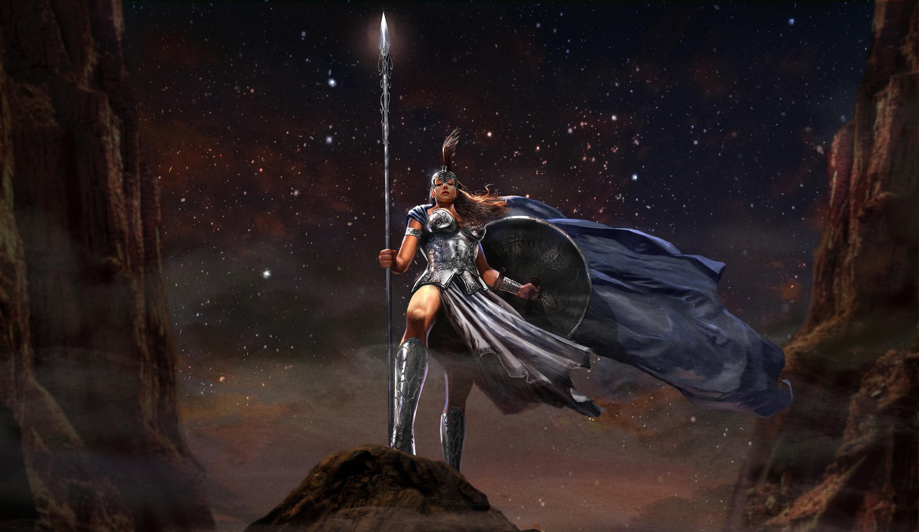 General 3000x1738 fantasy art Athena fantasy girl sky spear warrior women fantasy armor shield weapon standing