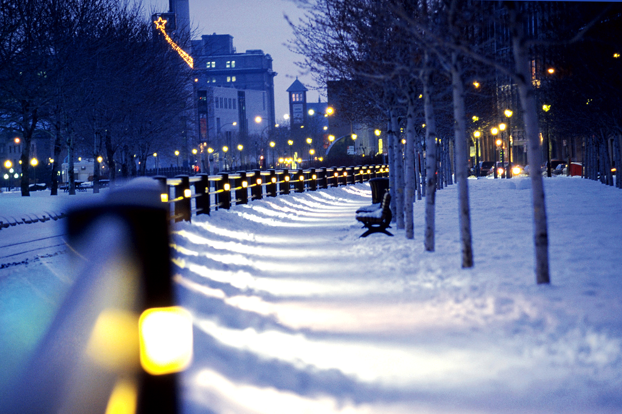 General 1986x1322 lights winter city Canada night lantern bench Montreal Quebec city lights