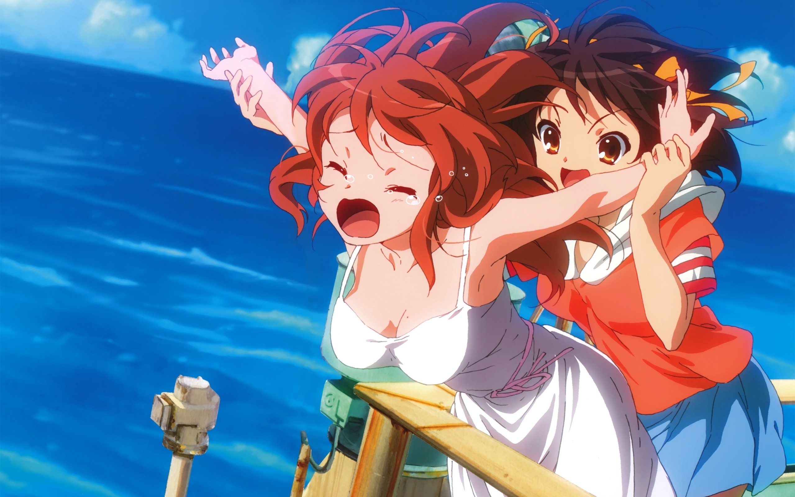 Anime 2560x1600 anime girls anime boobs The Melancholy of Haruhi Suzumiya Suzumiya Haruhi Asahina Mikuru two women crying open mouth redhead brunette sea bright