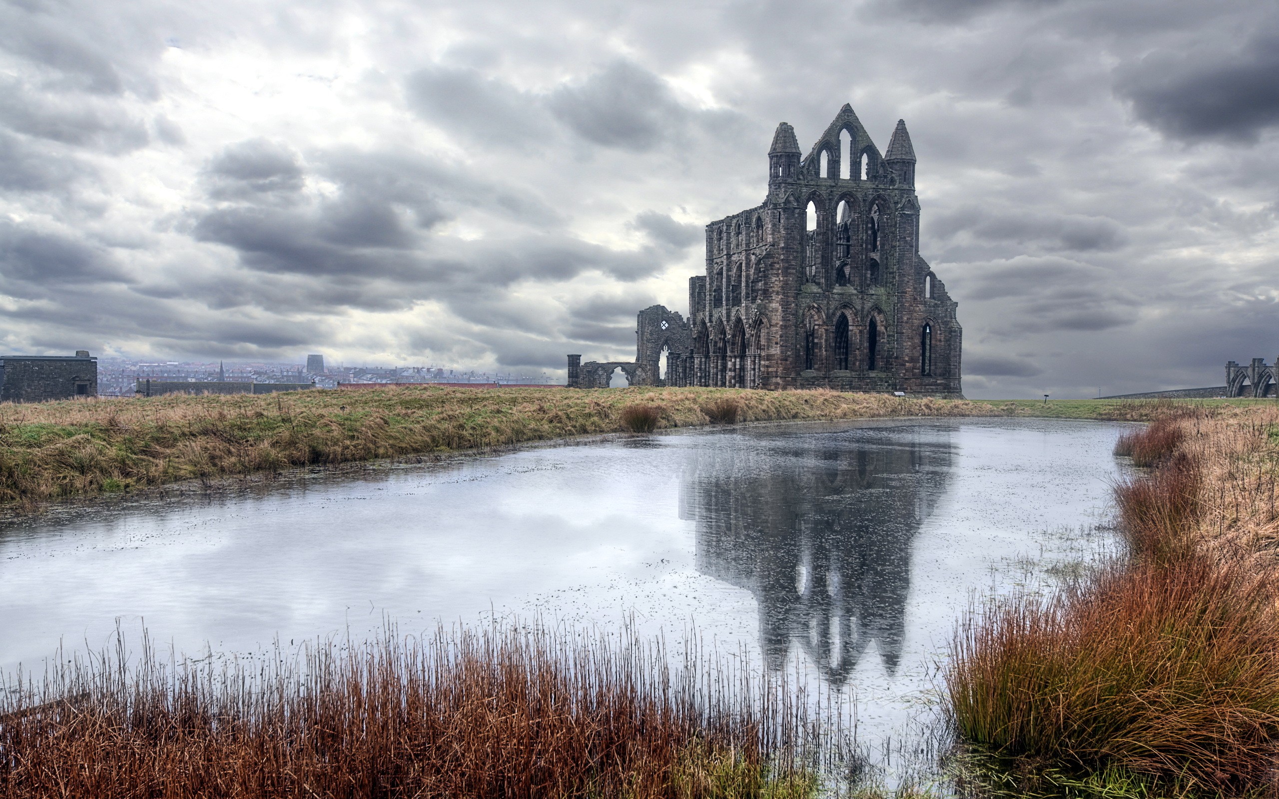 General 2560x1600 reflection clouds Whitby Abbey England Yorkshire castle ruins UK