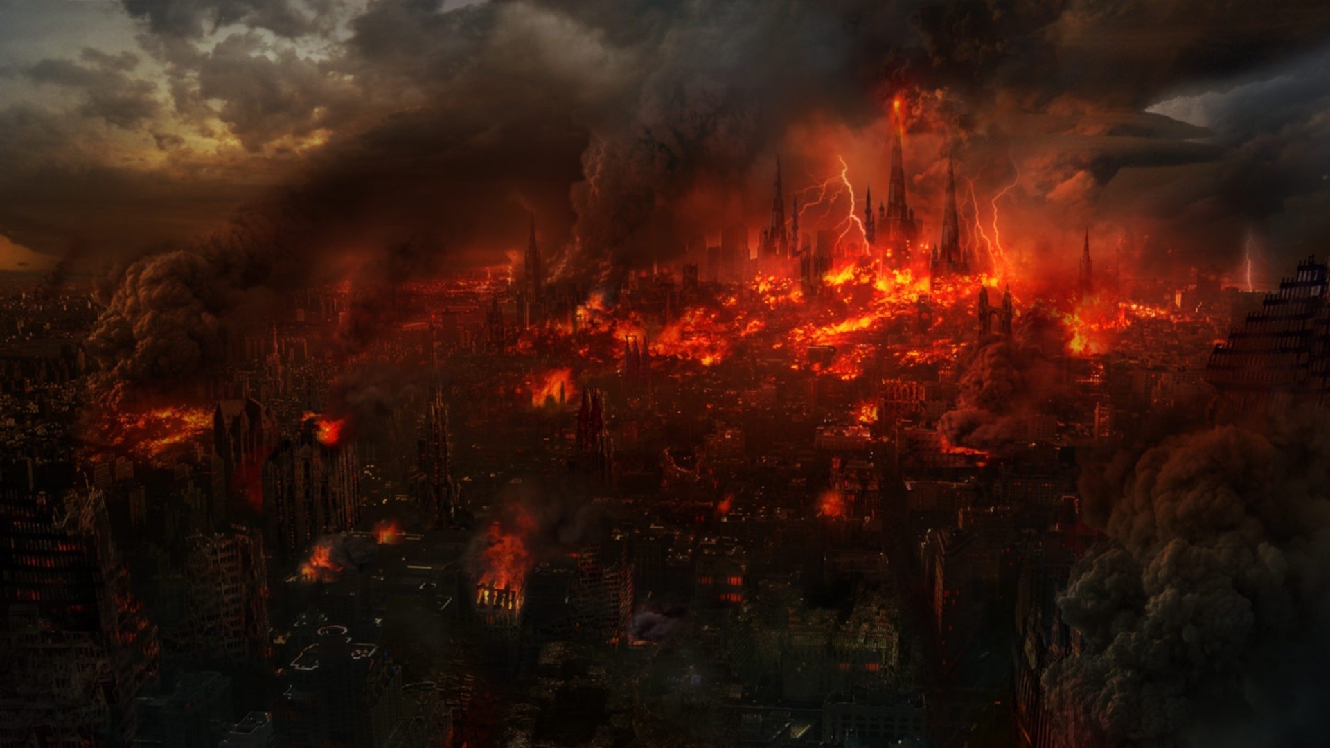General 1920x1080 apocalyptic artwork cityscape futuristic burning fire ruins digital art