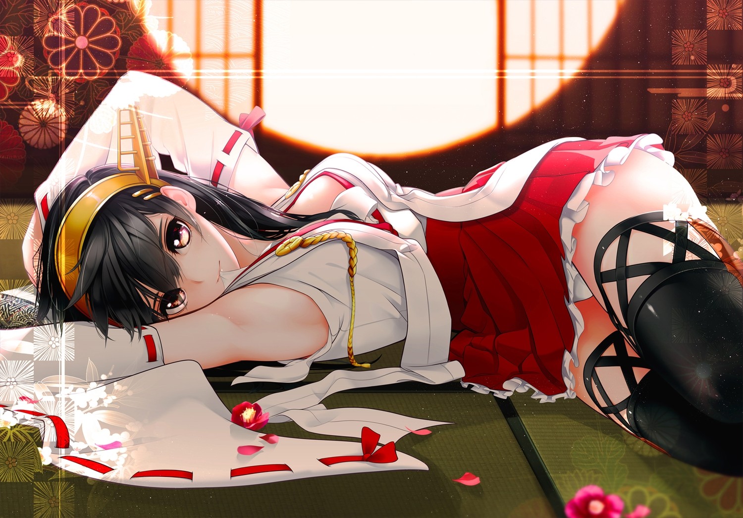 Anime 1500x1046 anime girls Kantai Collection Haruna (KanColle) anime legs together on the floor dark hair looking at viewer lying down women
