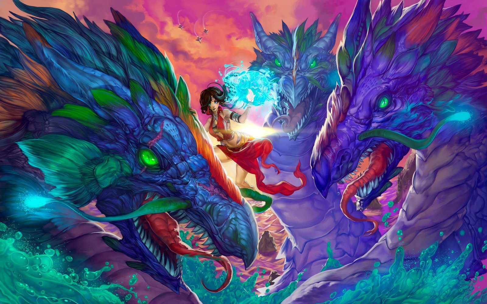 General 1600x1000 fantasy art dragon magic hydra artwork women creature fantasy girl green eyes colorful Chinese dragon