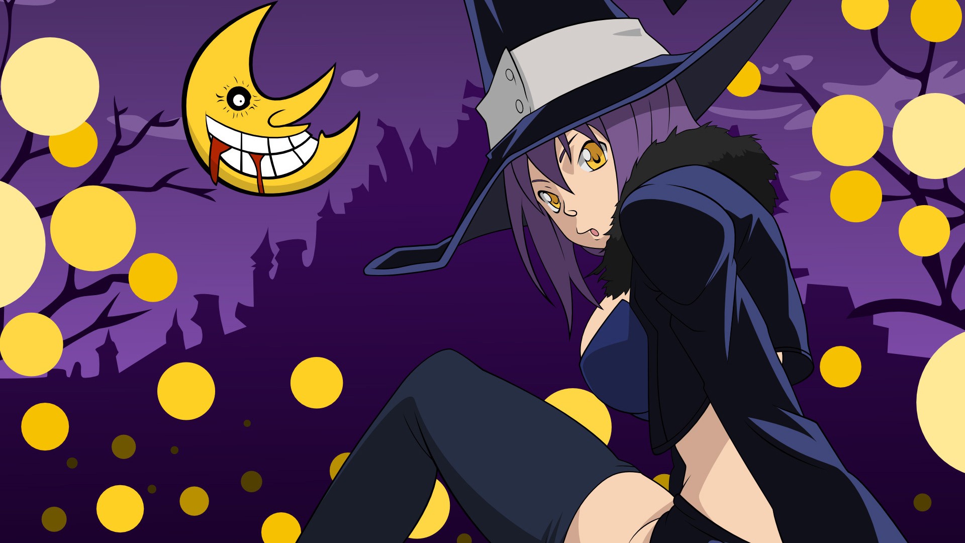Anime 1920x1080 witch Soul Eater anime anime girls witch hat Moon yellow eyes hat women with hats purple hair