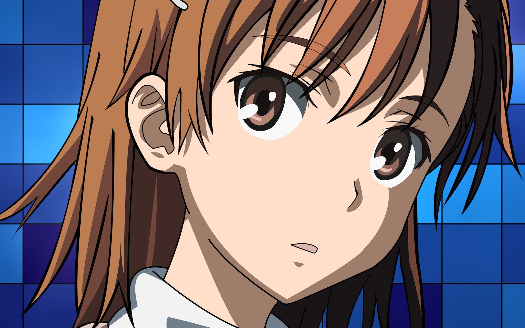 Anime 1680x1050 Misaka Mikoto To Aru Kagaku no Railgun anime brunette brown eyes blue background looking at viewer face closeup