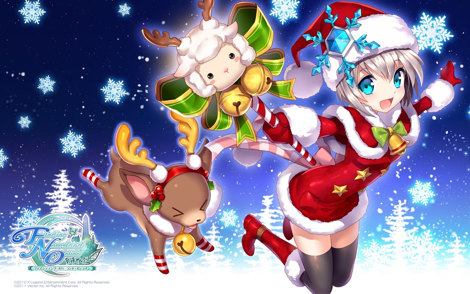 Anime 1500x938 anime Santa costume Christmas aqua eyes open mouth Santa hats looking at viewer stockings black stockings anime girls