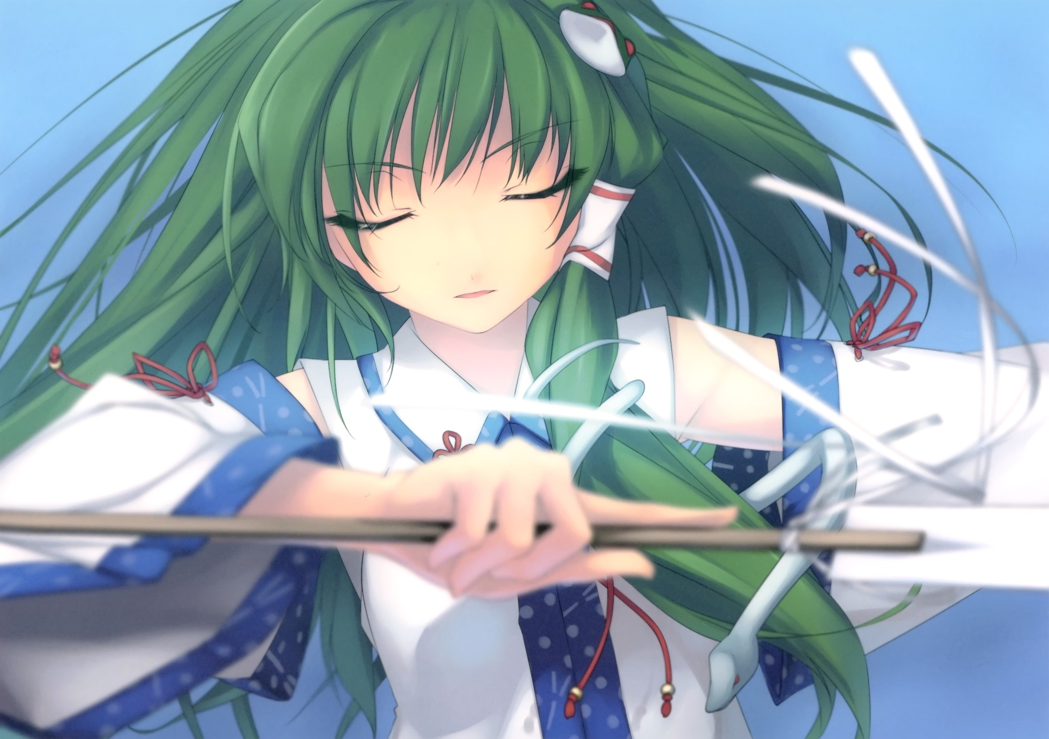 Anime 2158x1520 Touhou anime girls video games Kochiya Sanae simple background long hair bangs green hair hair ornament snake closed eyes miko detached sleeves Japanese clothes open mouth ribbon anime blue background