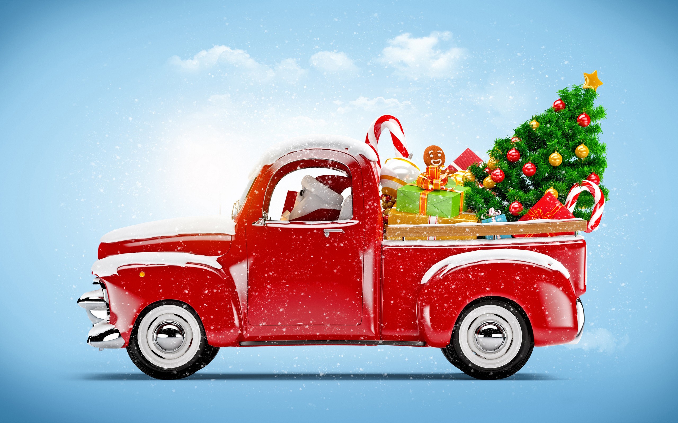 General 2560x1600 New Year snow car red cars Christmas blue background holiday vehicle Christmas presents Christmas tree