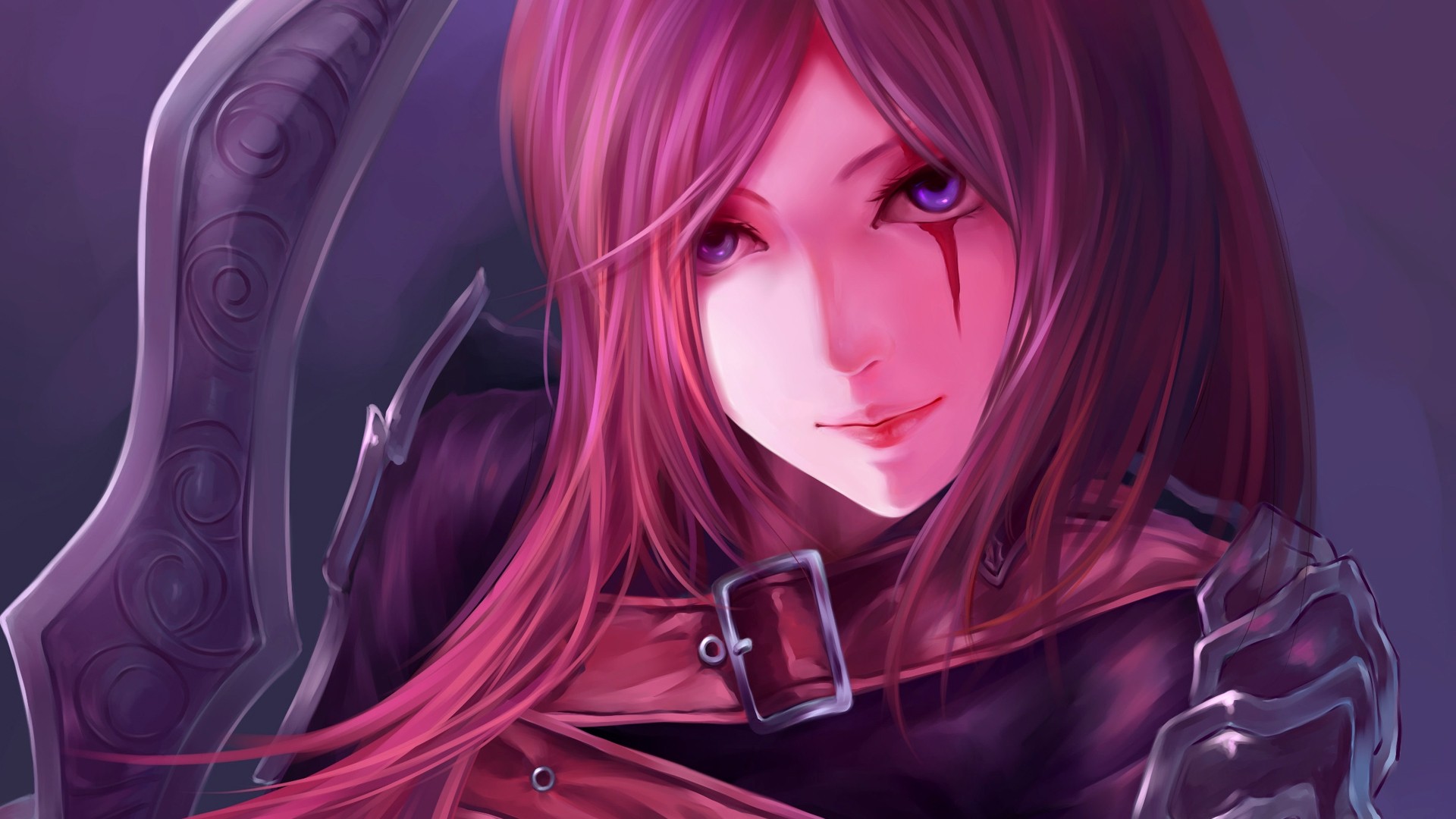 Anime 1920x1080 League of Legends video games redhead Katarina (League of Legends) PC gaming pink hair purple eyes face looking at viewer women long hair video game art video game girls fantasy art women with swords sword weapon fantasy girl