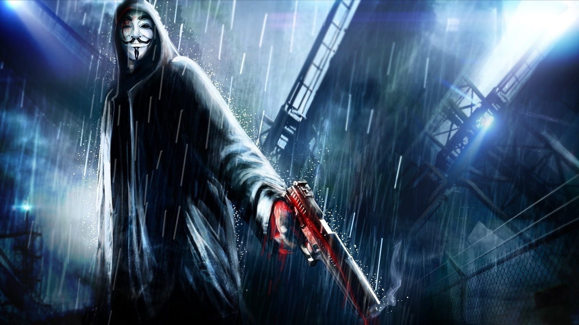 General 1920x1080 Anonymous (hacker group) artwork gun rain Guy Fawkes mask blood weapon