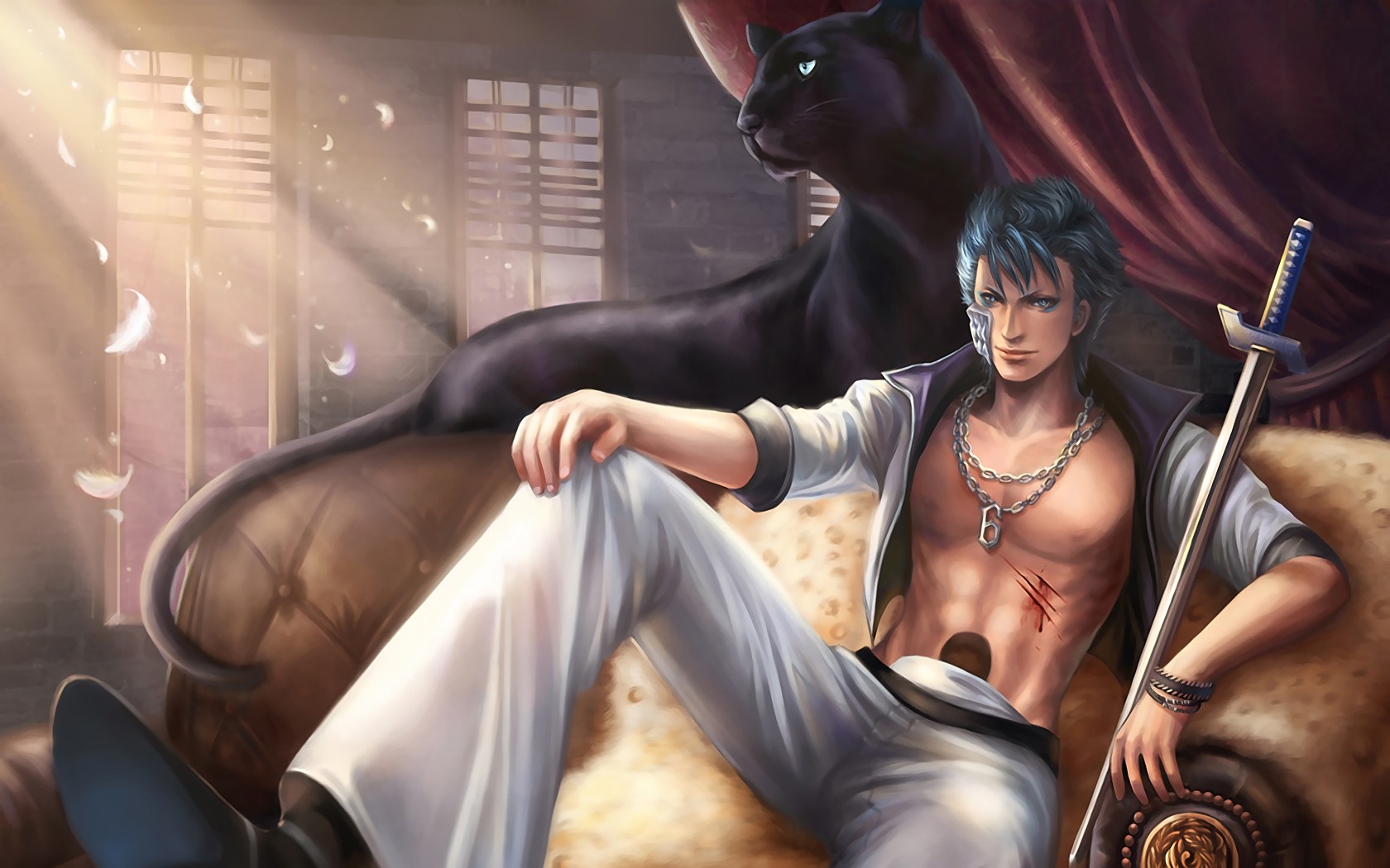 Anime 1680x1050 Grimmjow Jaegerjaquez Bleach panthers sword couch feathers wounds teal hair anime