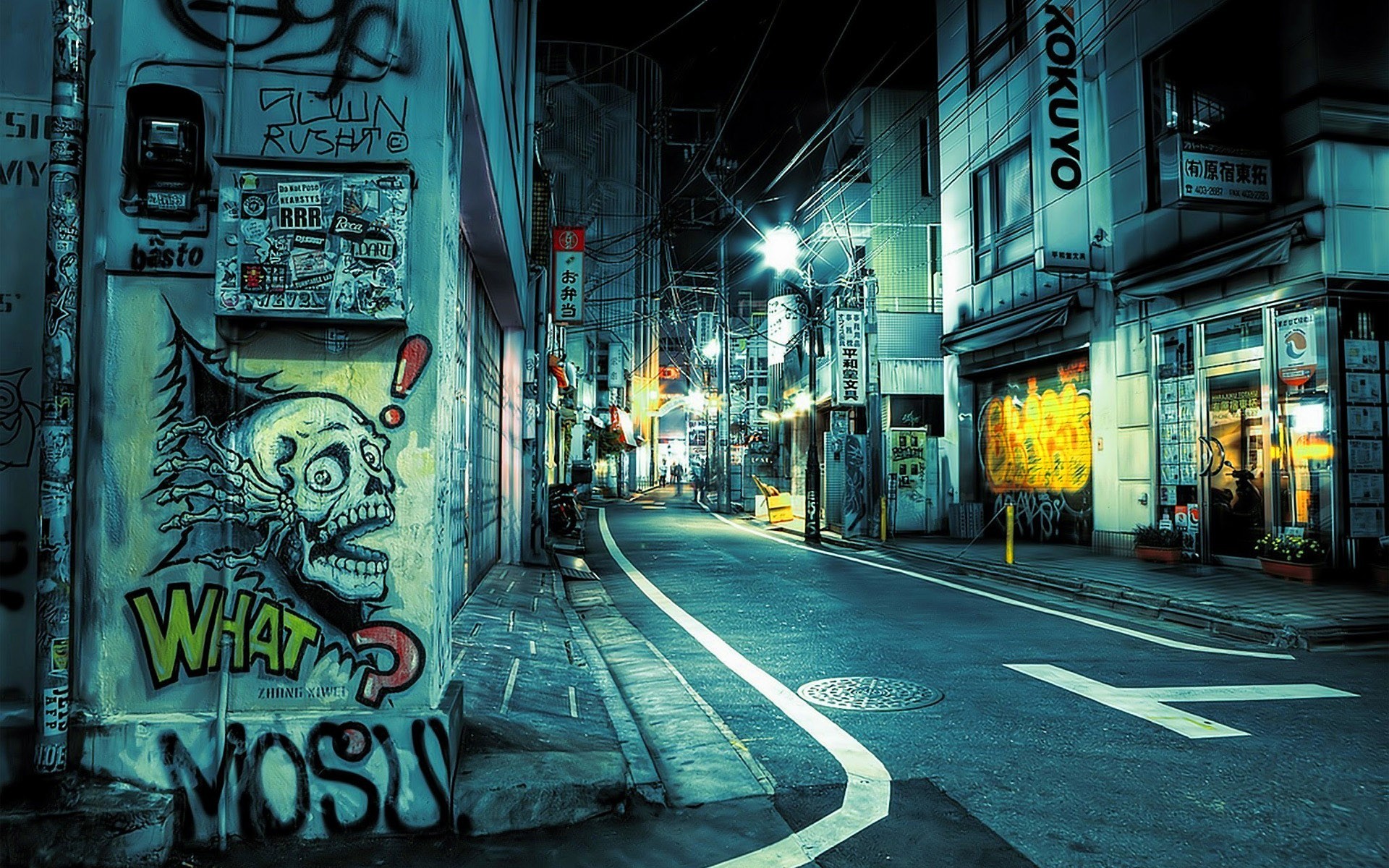 General 1920x1200 graffiti city cityscape street night cyan alleyway outdoors lights Asia urban HDR
