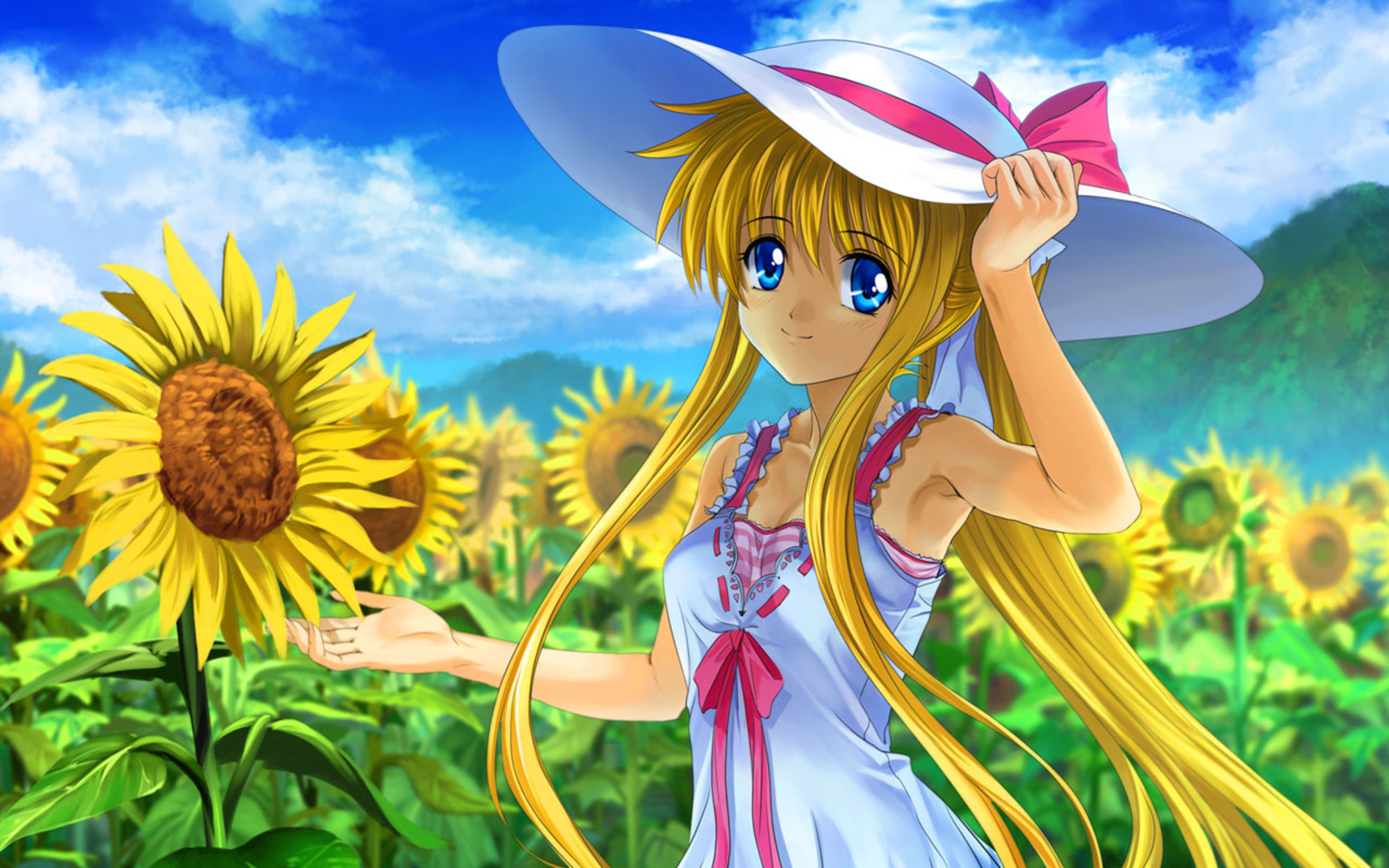 Anime 1772x1108 anime anime girls sunflowers flowers hat blue eyes plants nature women outdoors blonde dress long hair field sky smiling standing