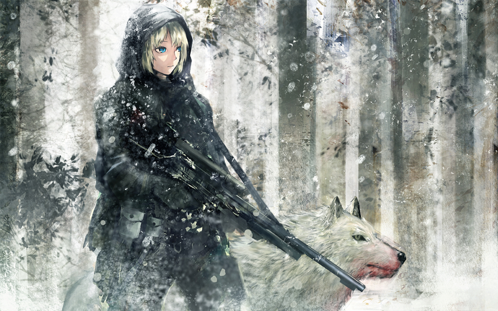 Anime 1680x1050 anime anime girls wolf snow forest snipers blonde Seafh girls with guns blood hunter hoods cold winter women women outdoors outdoors animals mammals machine gun anime girls with guns
