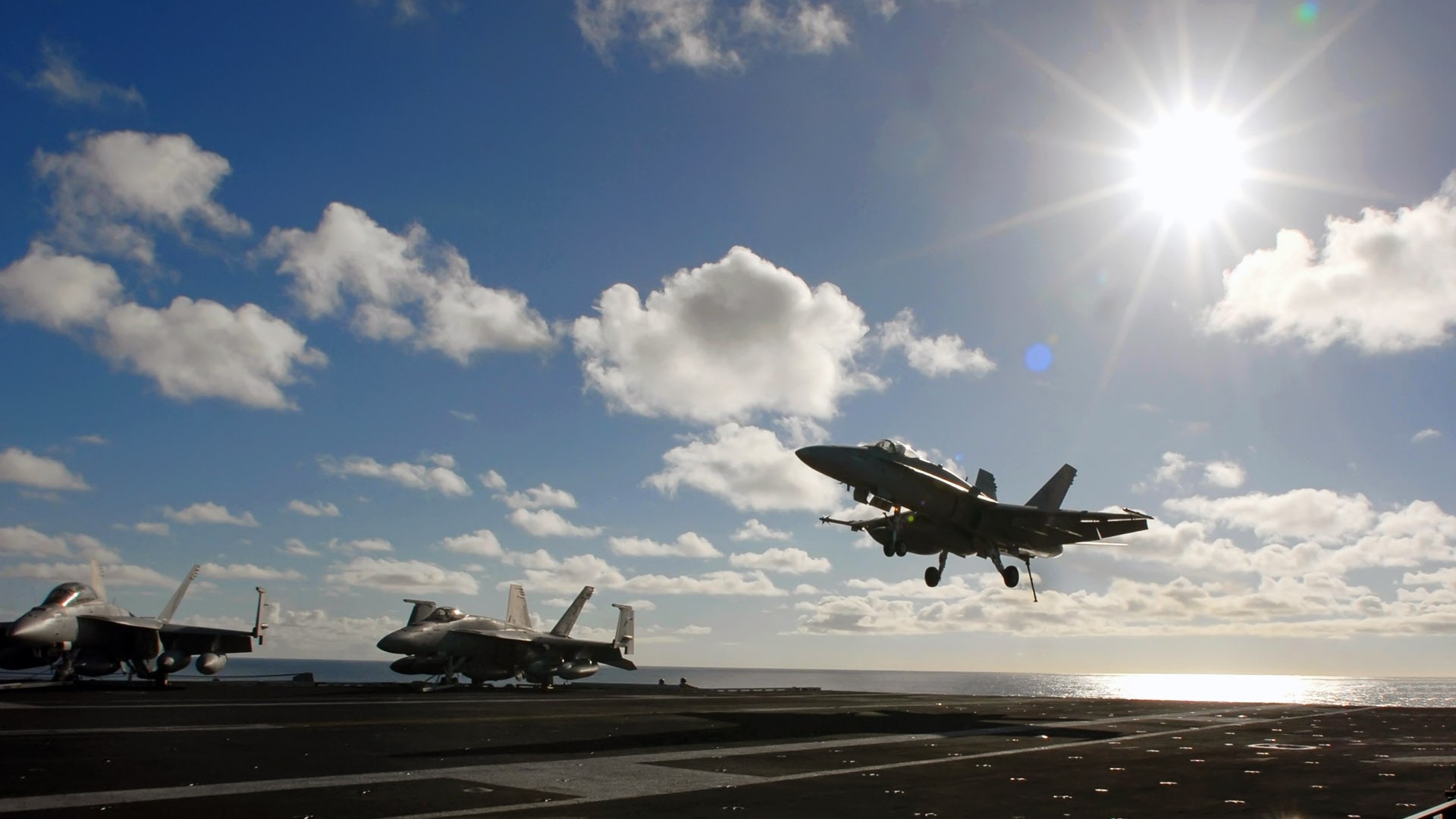 General 1920x1080 military aircraft airplane jets sky military clouds aircraft aircraft carrier McDonnell Douglas F/A-18 Hornet military vehicle vehicle landing United States Navy flight deck