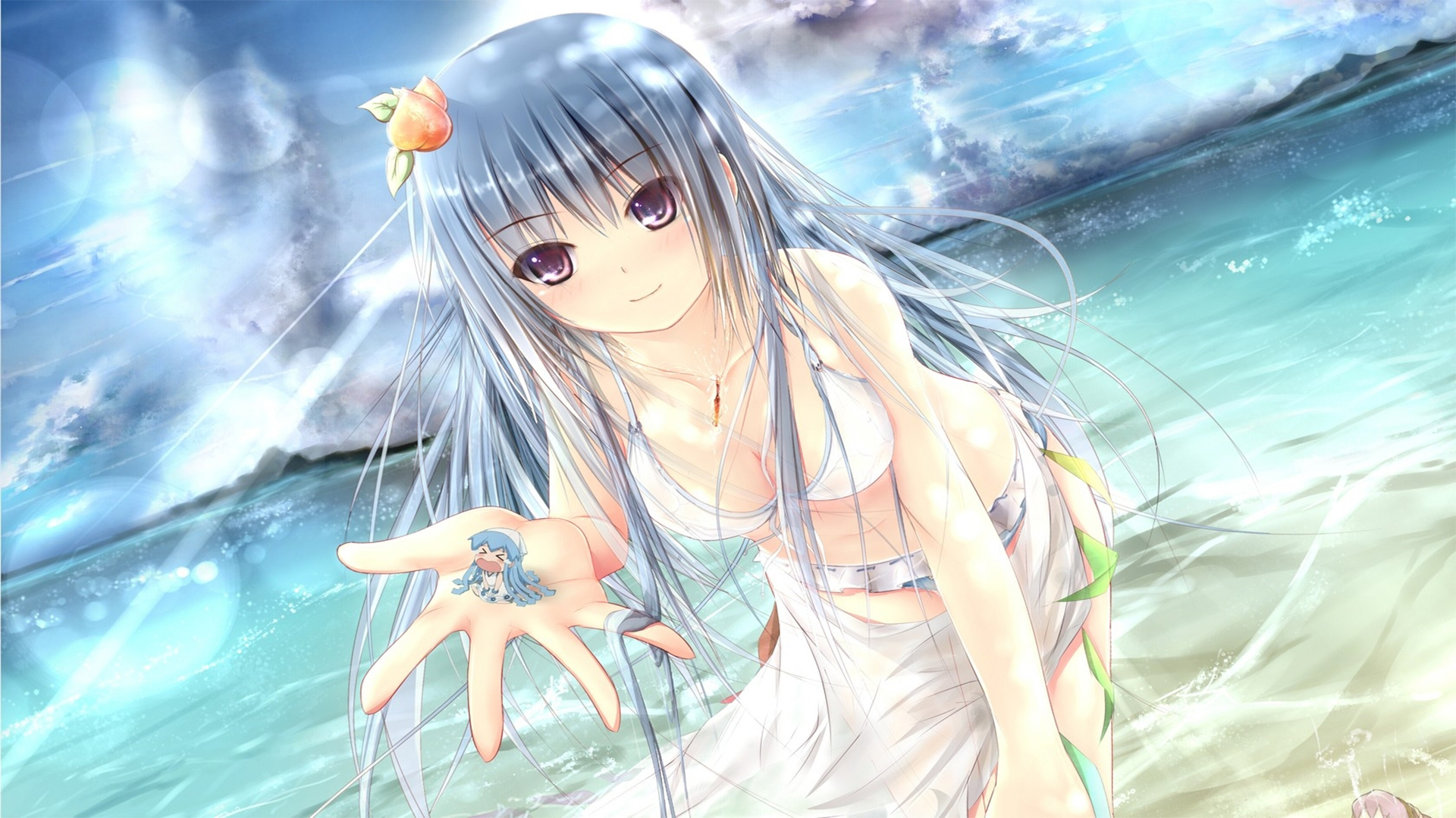 Anime 1920x1080 Touhou Hinanawi Tenshi Ikamusume Shinryaku! Ika Musume outdoors sea long hair cyan Garyljq bikini
