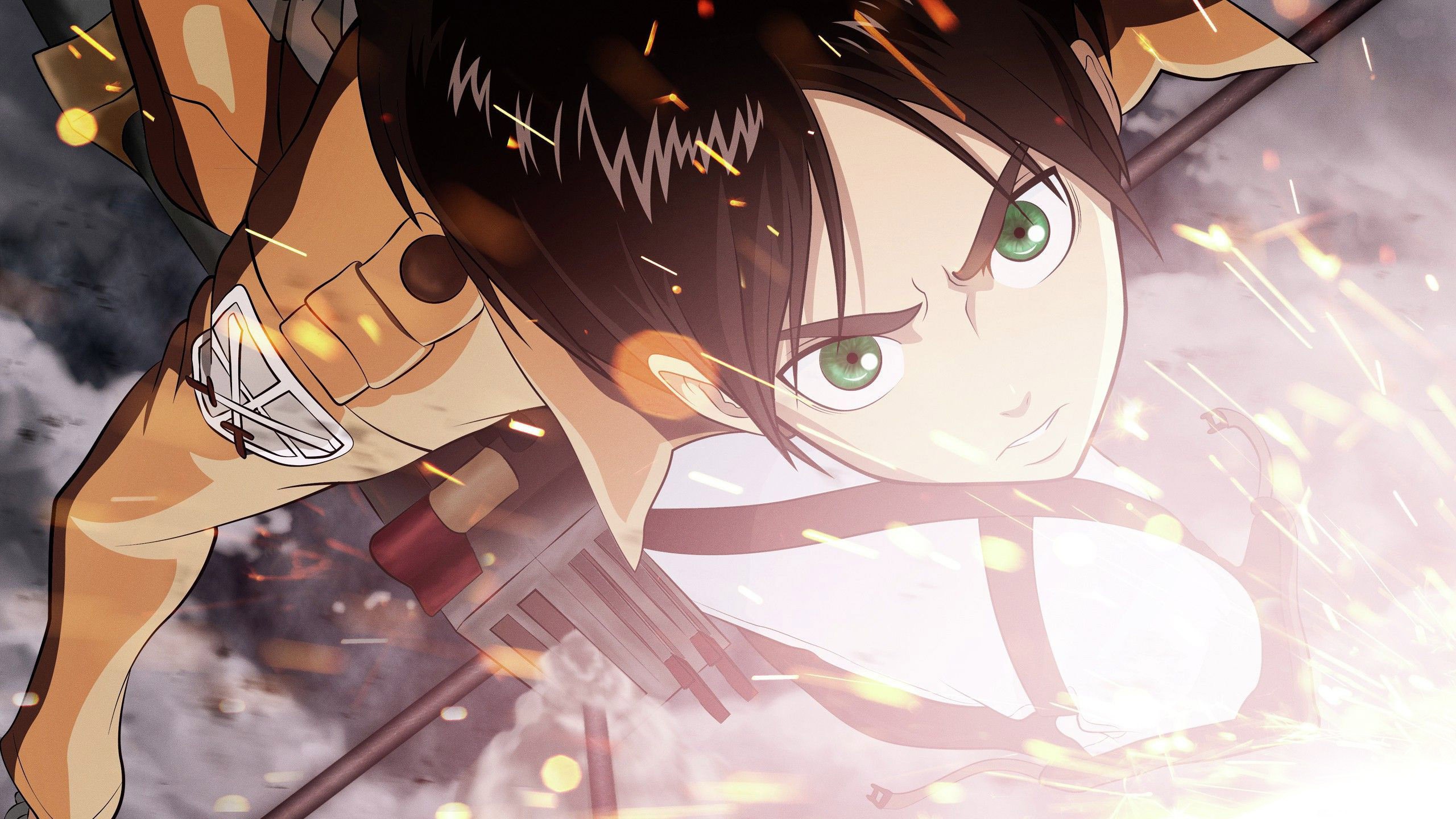 Anime 2560x1440 Shingeki no Kyojin Eren Jeager anime green eyes angry face