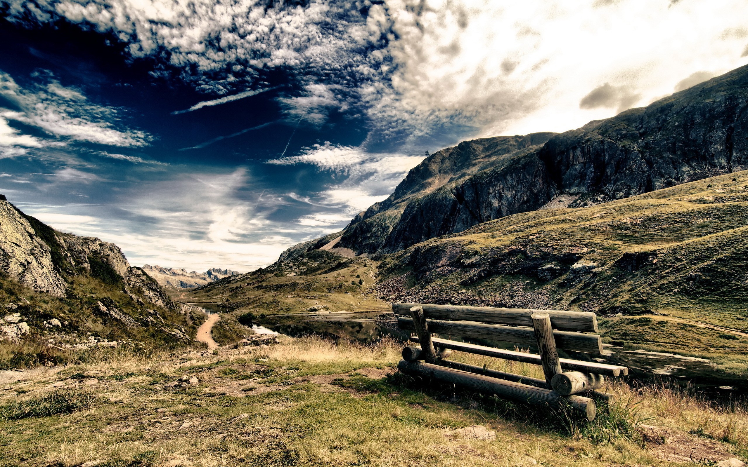 General 2560x1600 bench sky mountains clouds nature