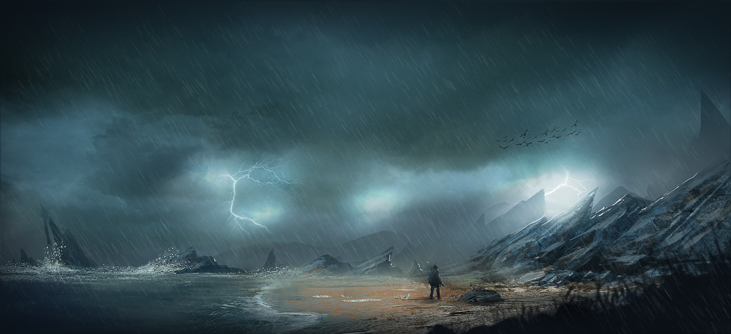 General 2560x1171 storm apocalyptic digital art futuristic night rain shore lightning
