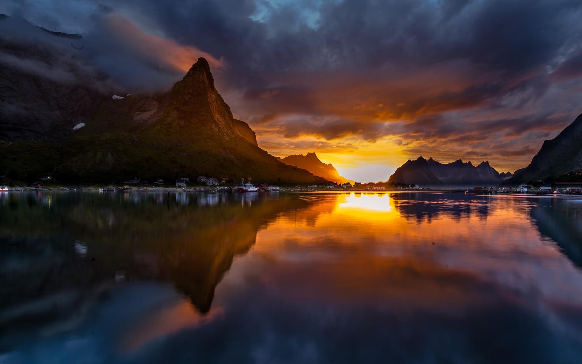 General 1920x1200 mountains reflection sunset lake boat Norway nature nordic landscapes sunlight clouds low light sunset glow sky
