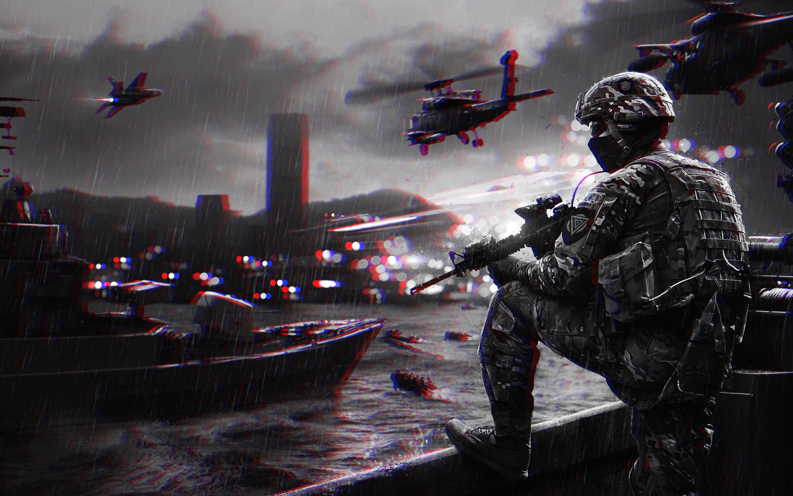 General 2560x1600 Battlefield (game) CGI anaglyph 3D Battlefield 4 video games PC gaming fan art helicopters video game art military soldier weapon