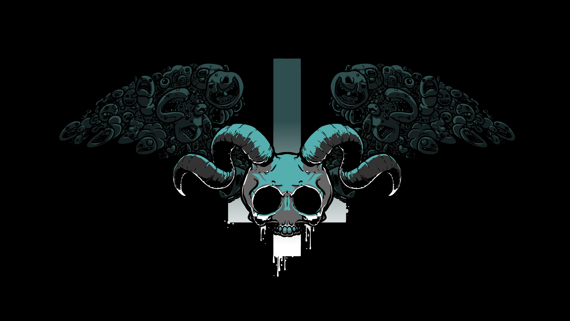 General 1920x1080 video game art skull horns black background The Binding of Isaac cyan simple background