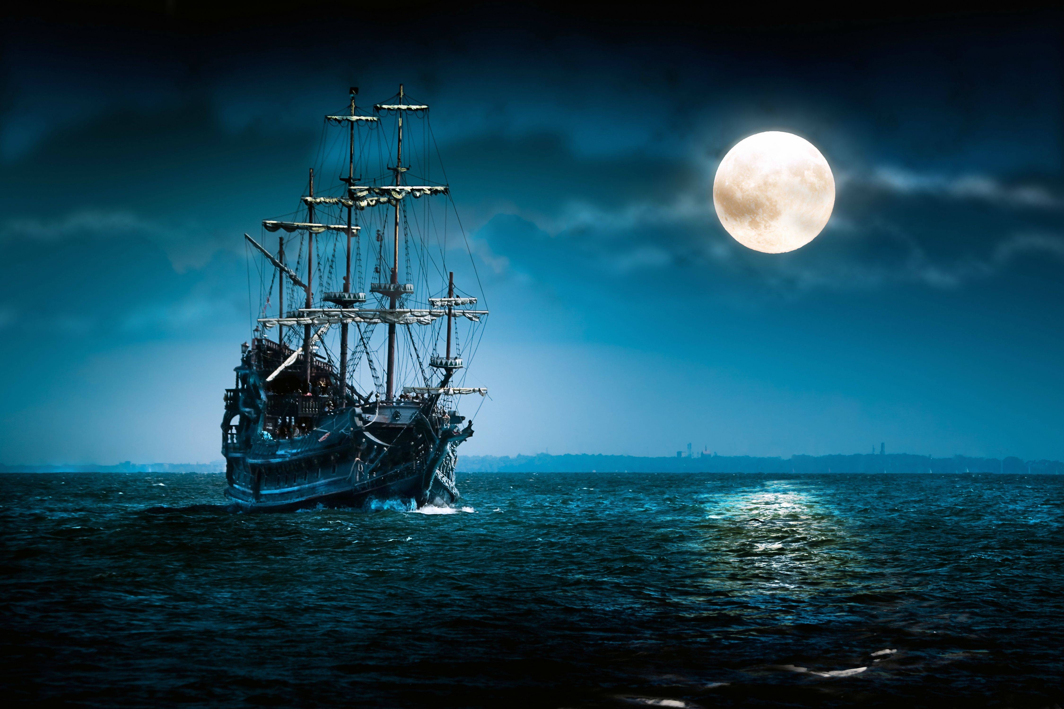 General 4500x3000 pirates ship Moon sea blue night vehicle fantasy art rigging (ship) sailing ship digital art
