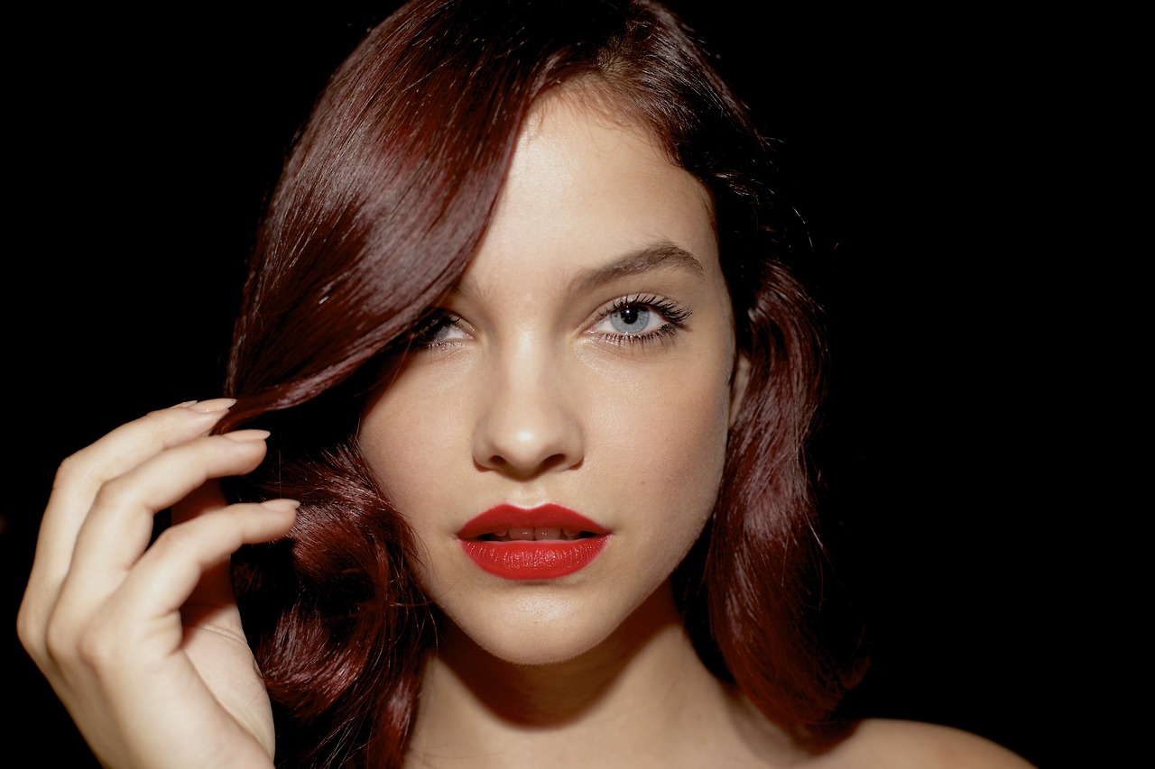 People 1280x853 dyed hair women face red lipstick Barbara Palvin model makeup studio simple background black background Hungarian women Hungarian Model