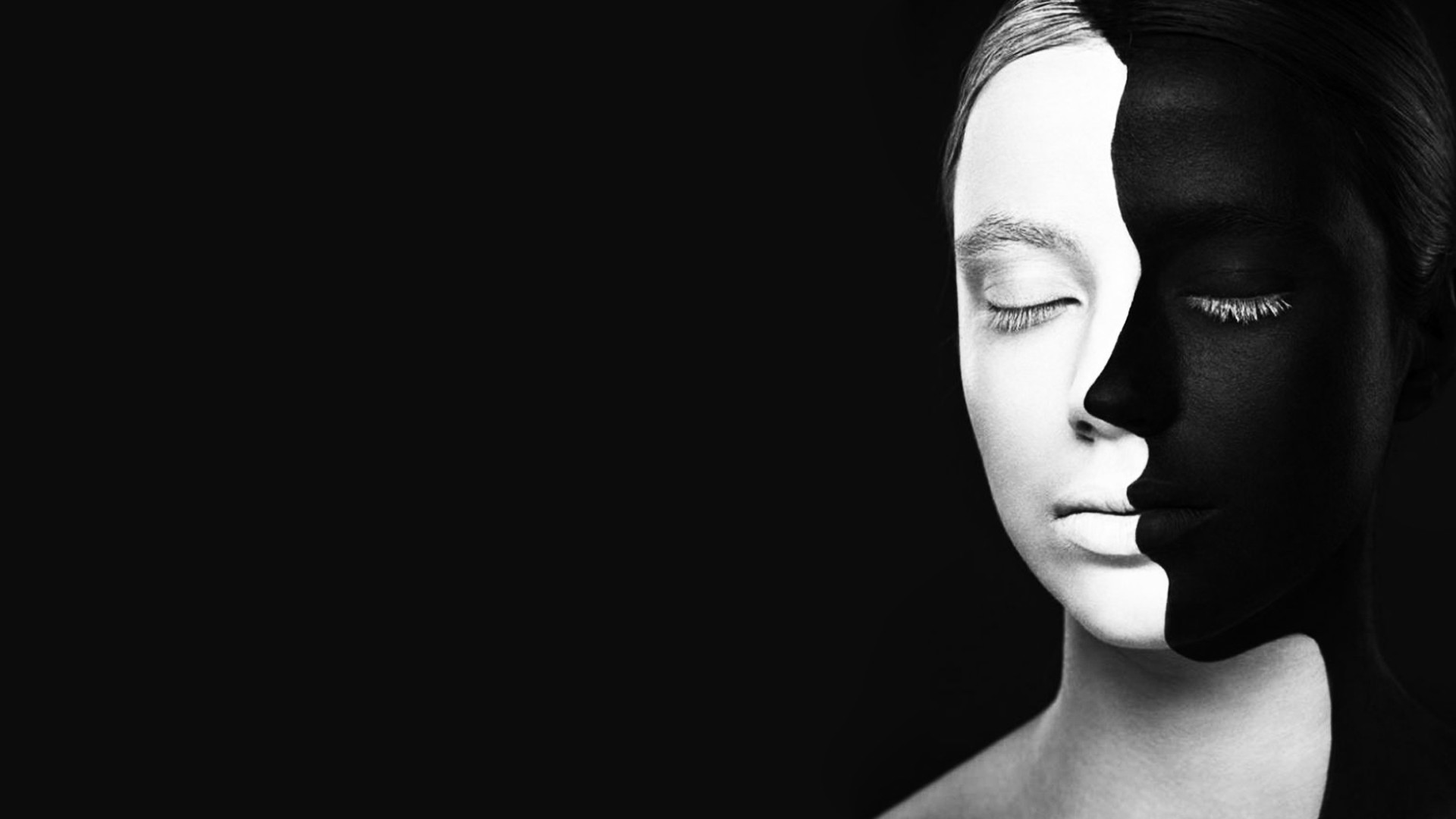 People 1920x1080 women face black background optical illusion monochrome closed eyes body paint black white model simple background portrait
