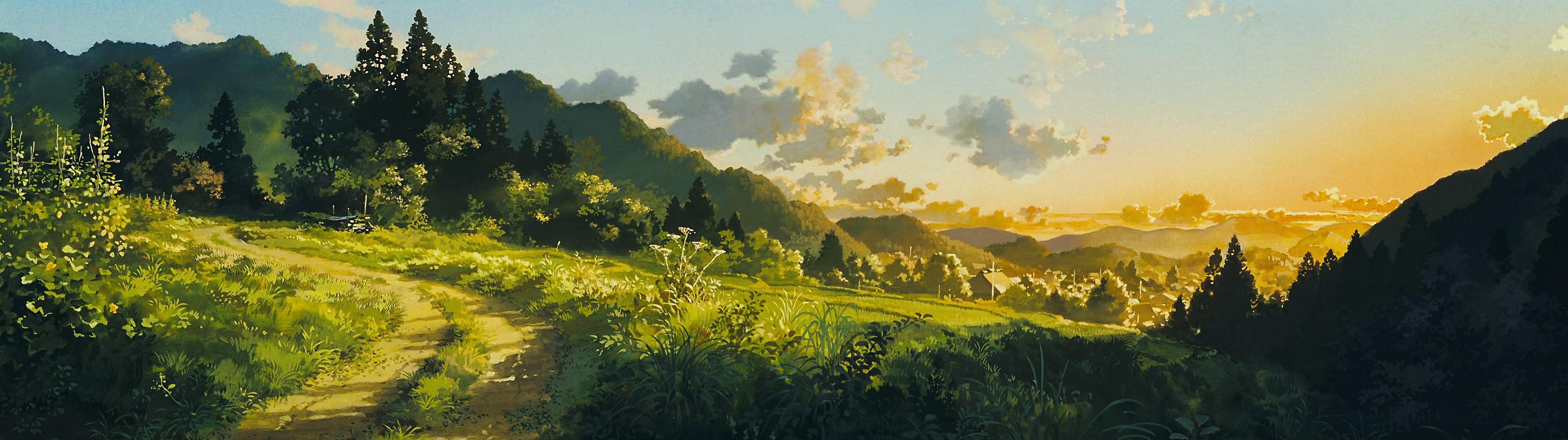 General 3840x1080 Studio Ghibli multiple display artwork path anime nature outdoors
