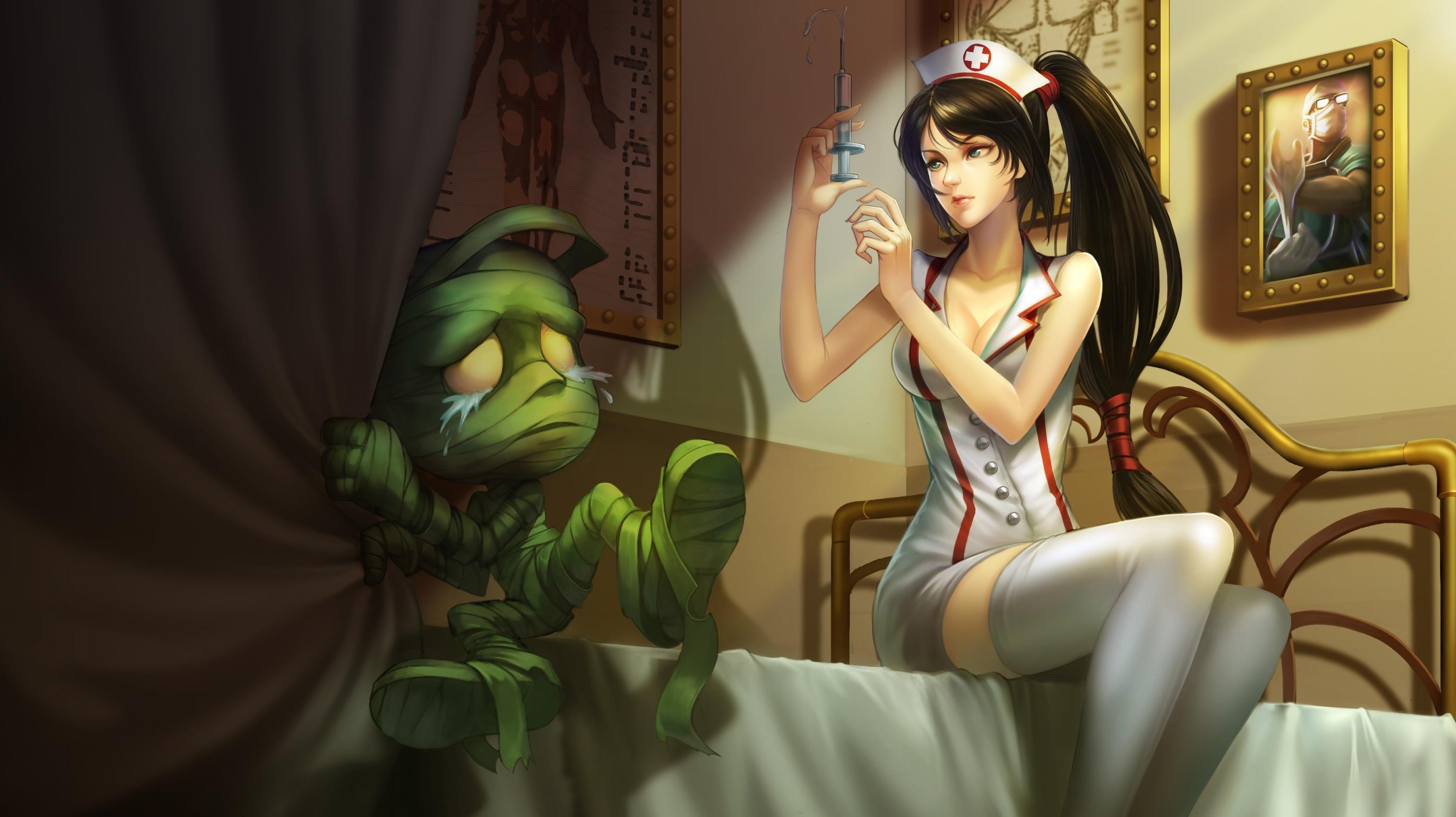 Anime 3081x1729 Akali (League of Legends) Amumu soft shading Amumu (League of Legends) video game art PC gaming League of Legends nurse outfit brunette syringe video game girls sitting stockings cleavage