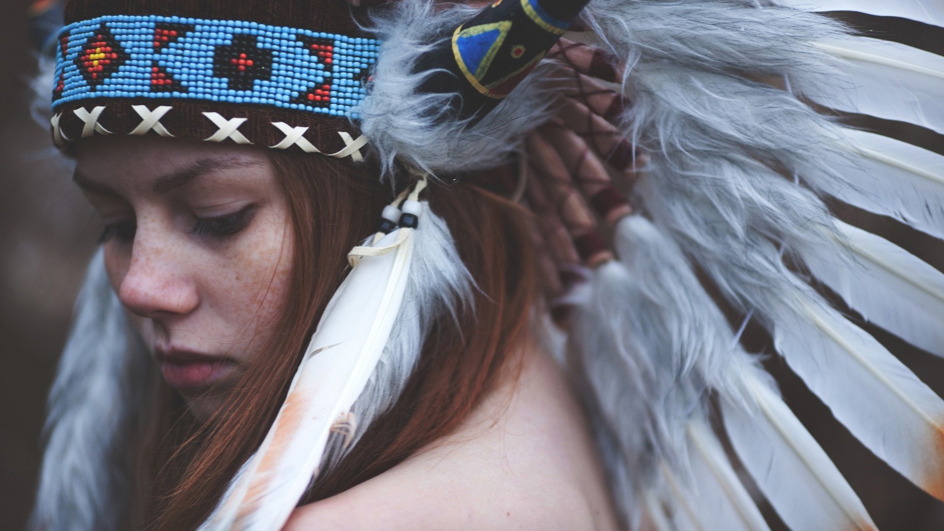 People 1920x1080 women model redhead long hair face feathers freckles headdress Native American clothing