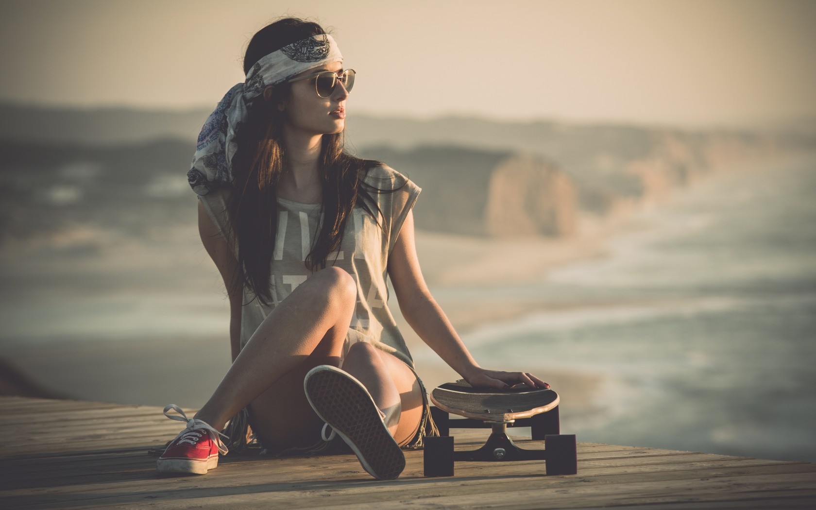 People 1680x1050 women brunette skateboard hairband women with shades looking away sitting sneakers shorts sunglasses looking into the distance
