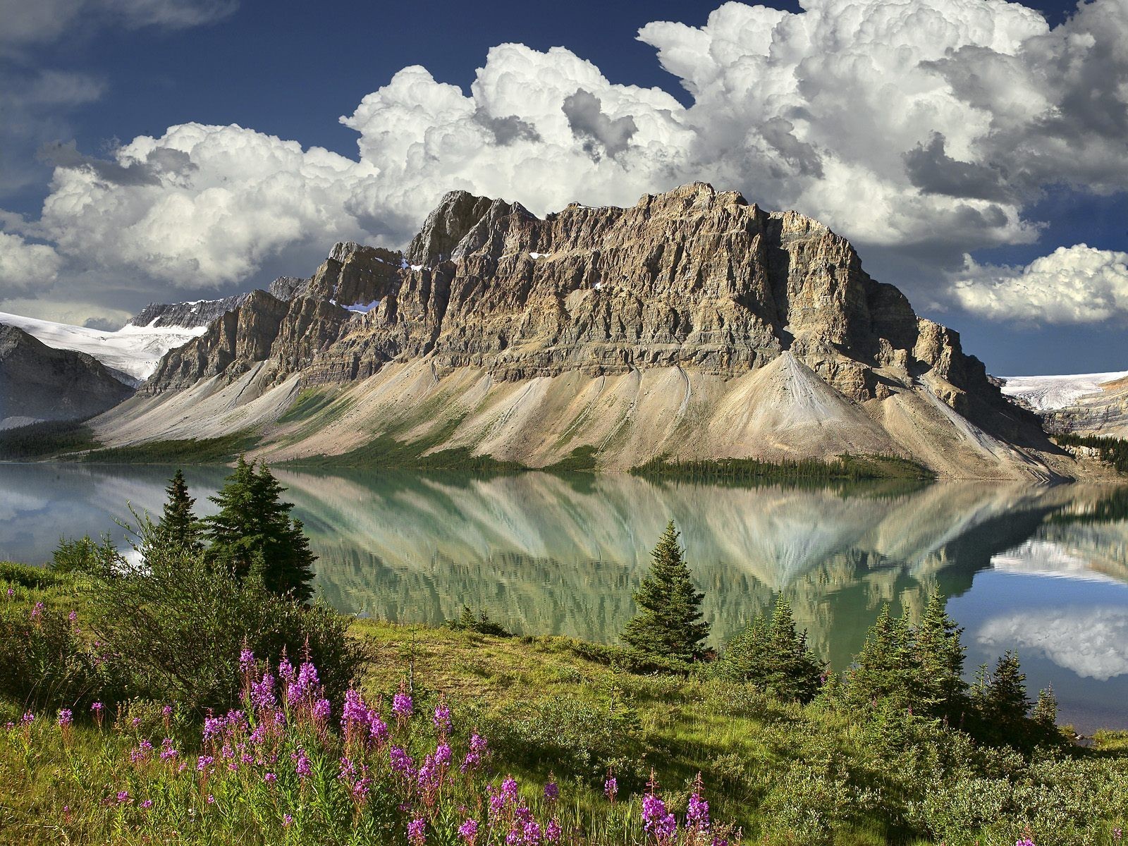 General 1600x1200 nature landscape mountains clouds Canada lake trees flowers snow reflection