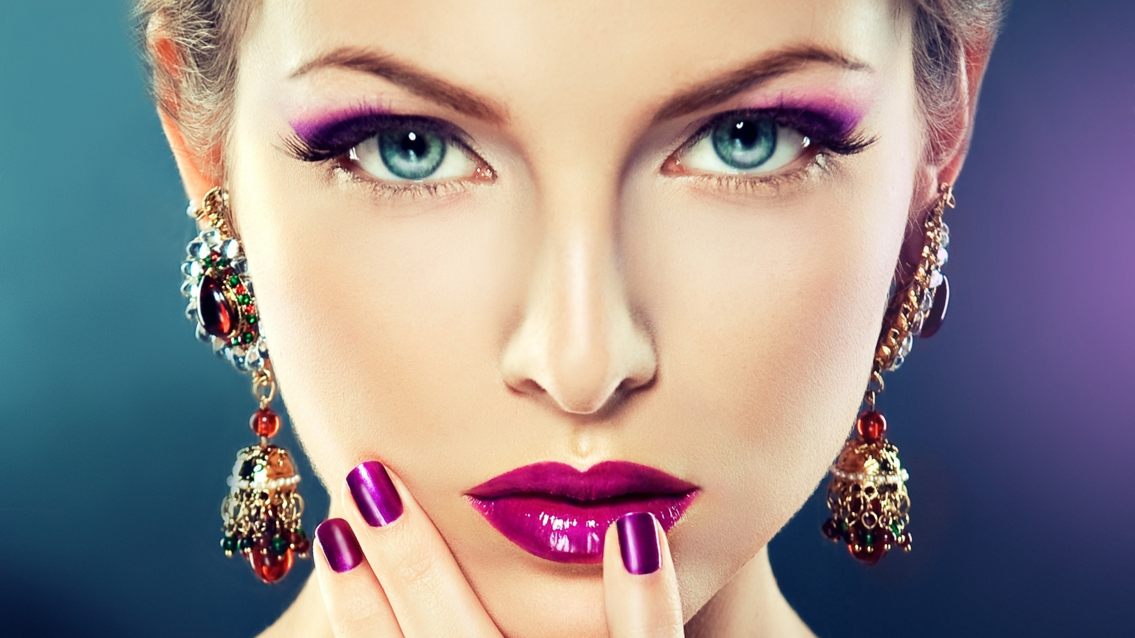 People 3840x2160 women blonde face closeup makeup blue eyes purple lipstick long eyelashes painted nails purple nails eyeliner gradient simple background looking at viewer
