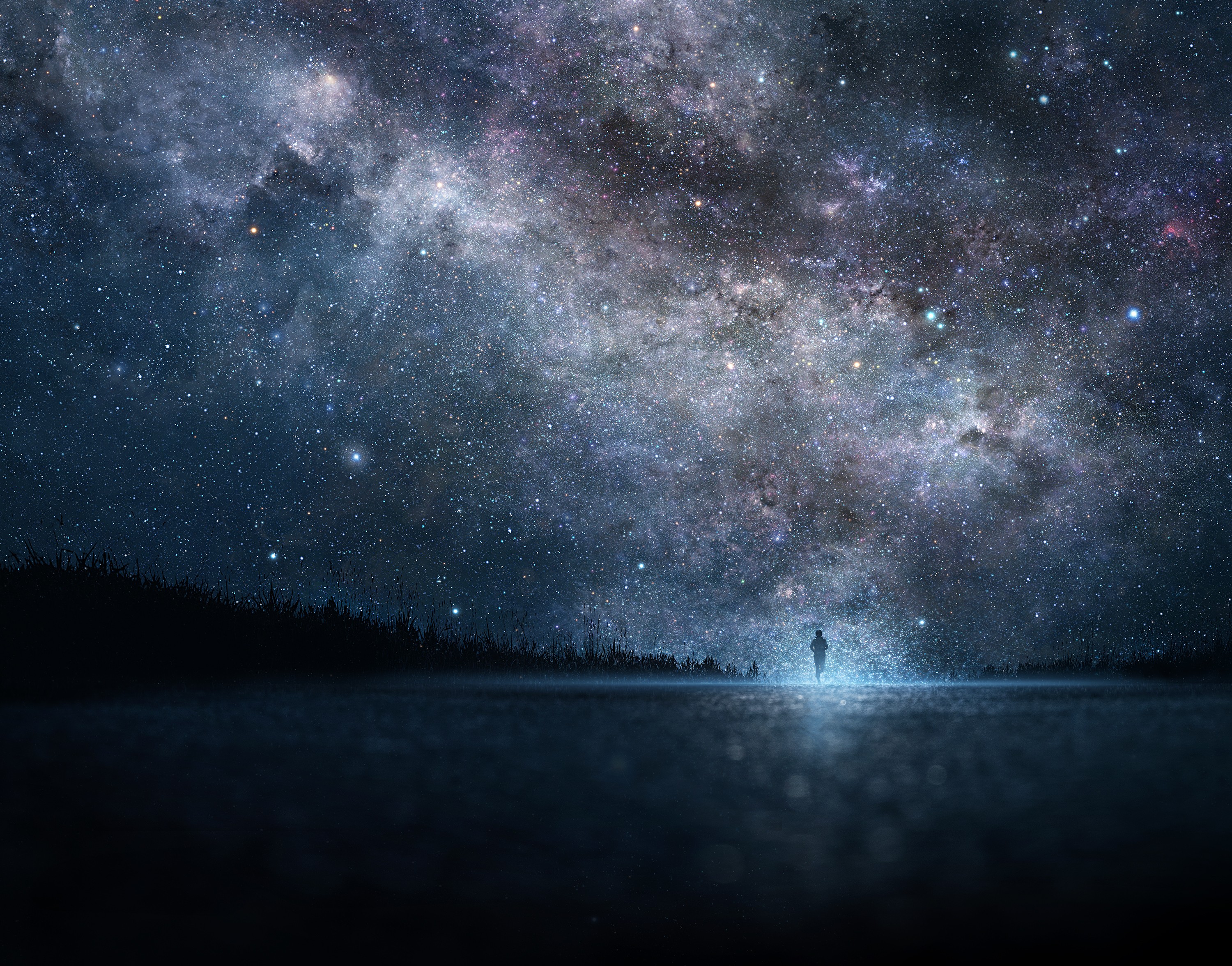 Anime 3000x2352 anime landscape starry night sky night running outdoors dark space