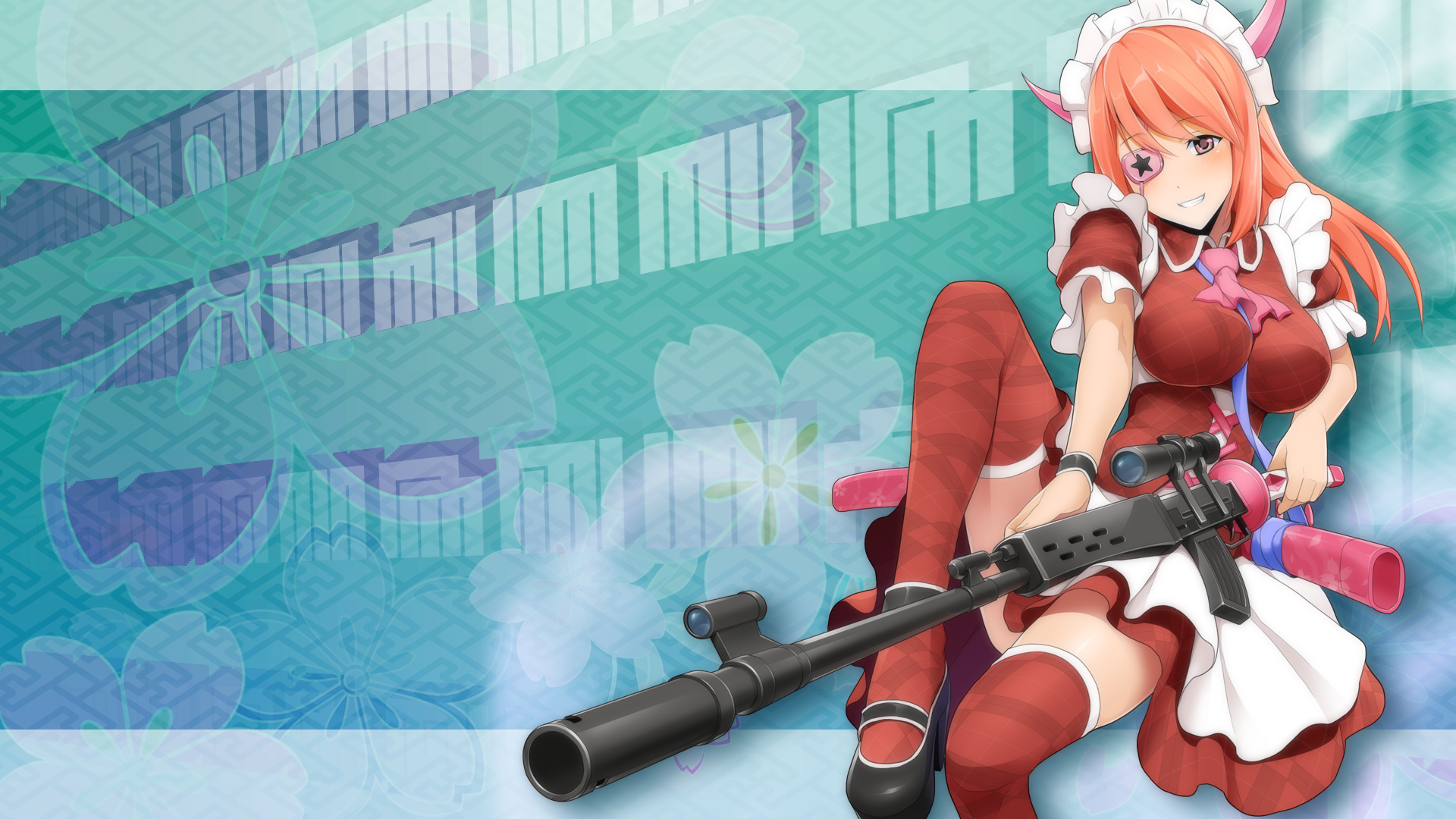 Anime 1920x1080 Onigirl anime big boobs horns anime girls weapon sniper rifle rifles cyan girls with guns stockings red stockings boobs smiling dress red dress