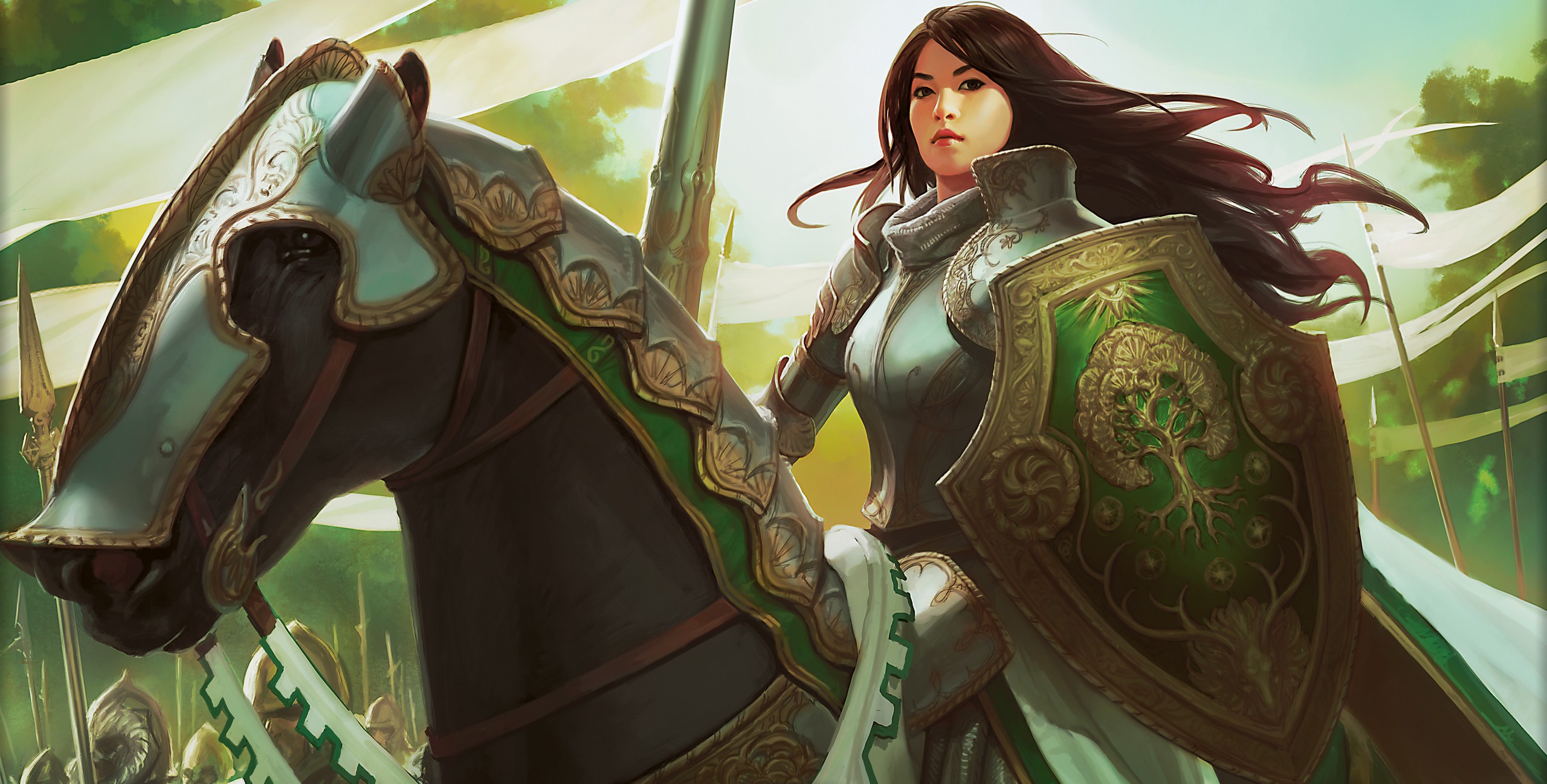General 2560x1299 fantasy art Magic: The Gathering fantasy girl horse shield long hair Trading Card Games women with horse armor fantasy armor women digital art