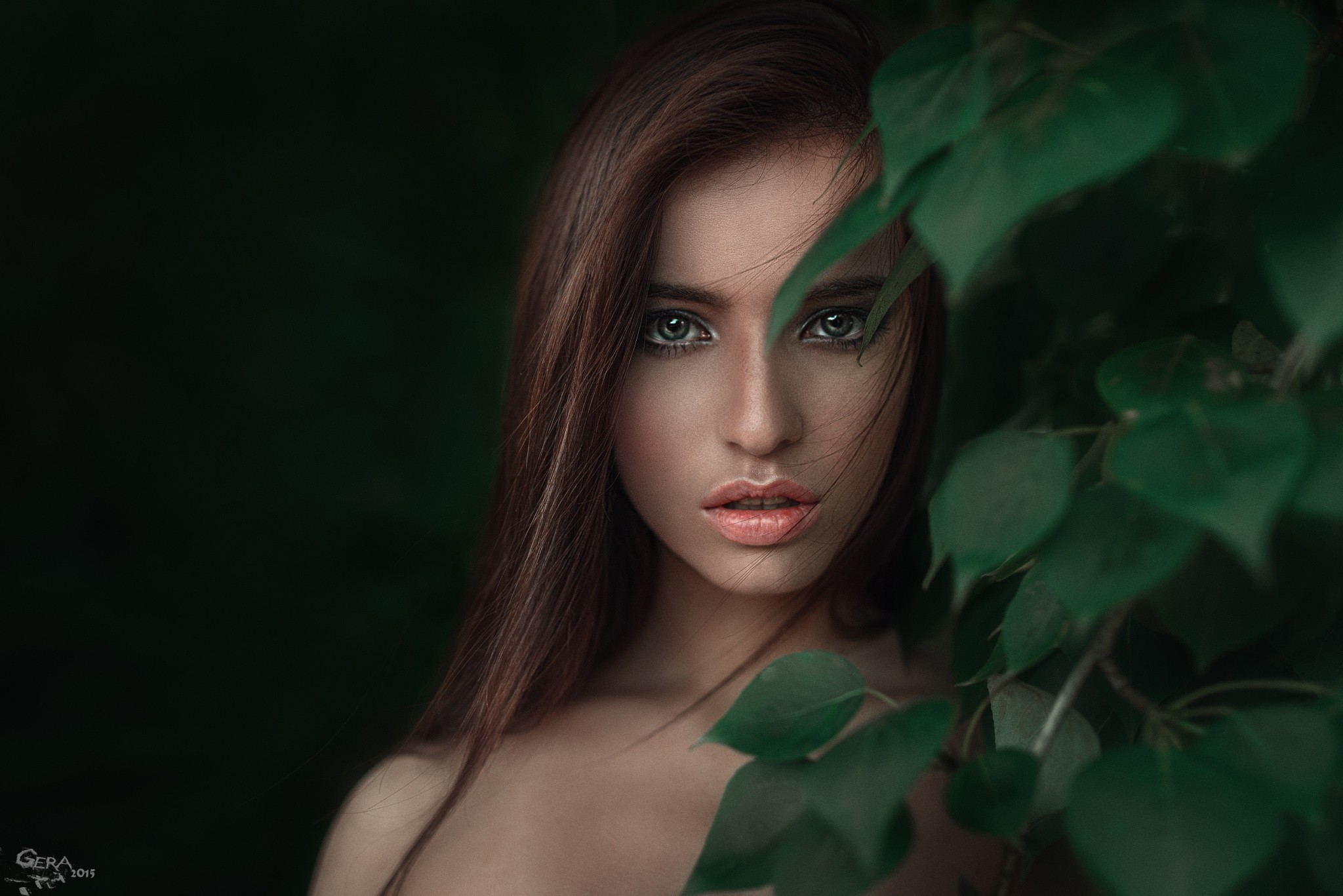 People 2048x1367 women model face portrait plants leaves looking at viewer brunette makeup 2015 (Year)