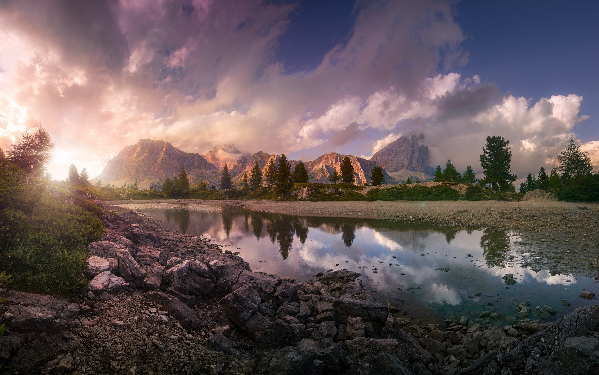 General 2100x1315 lake sunset mountains clouds Italy reflection nature trees sky landscape summer Europe rocks