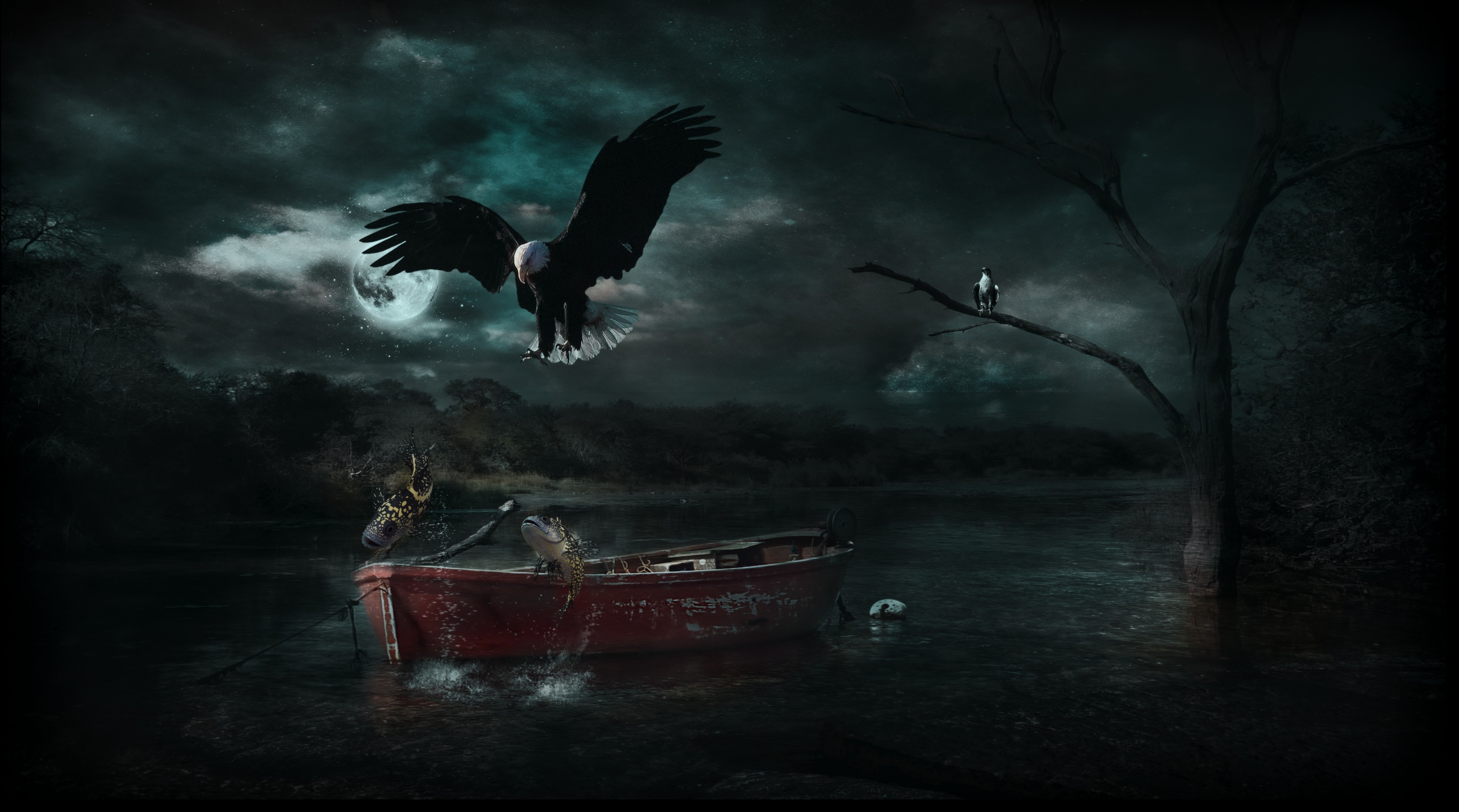 General 3810x2122 moonlight eagle fish boat dusk water digital art animals vehicle dark sky