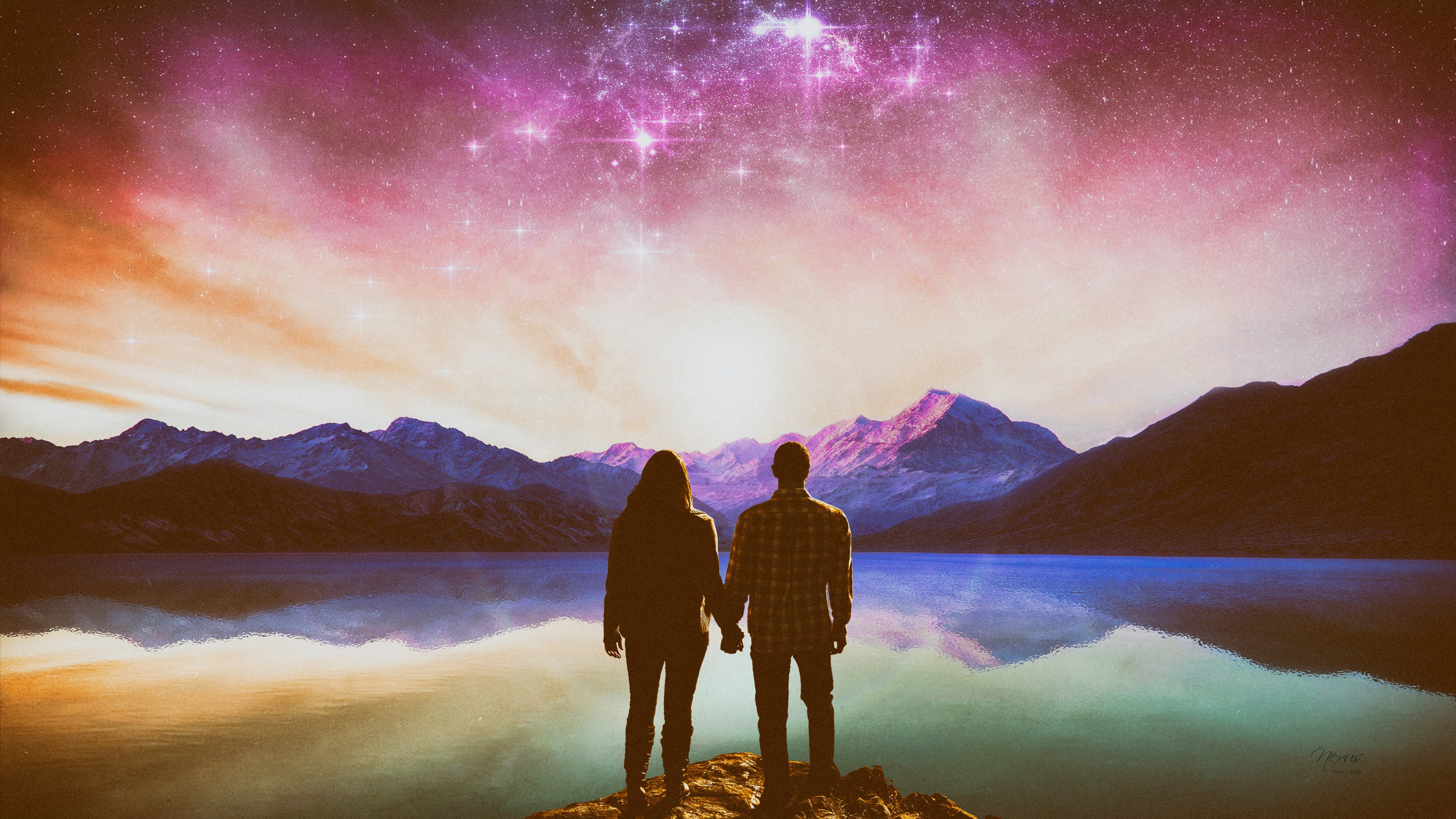 General 3840x2160 artwork lake couple mountains landscape sky stars holding hands nature reflection water