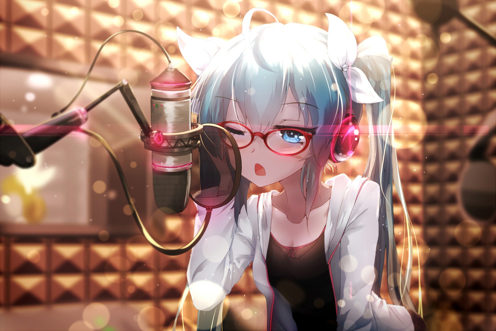 Anime 1700x1133 Hatsune Miku Vocaloid glasses meganekko twintails anime girls Bai Yemeng microphone open mouth blue hair long hair one eye closed blue eyes women with glasses