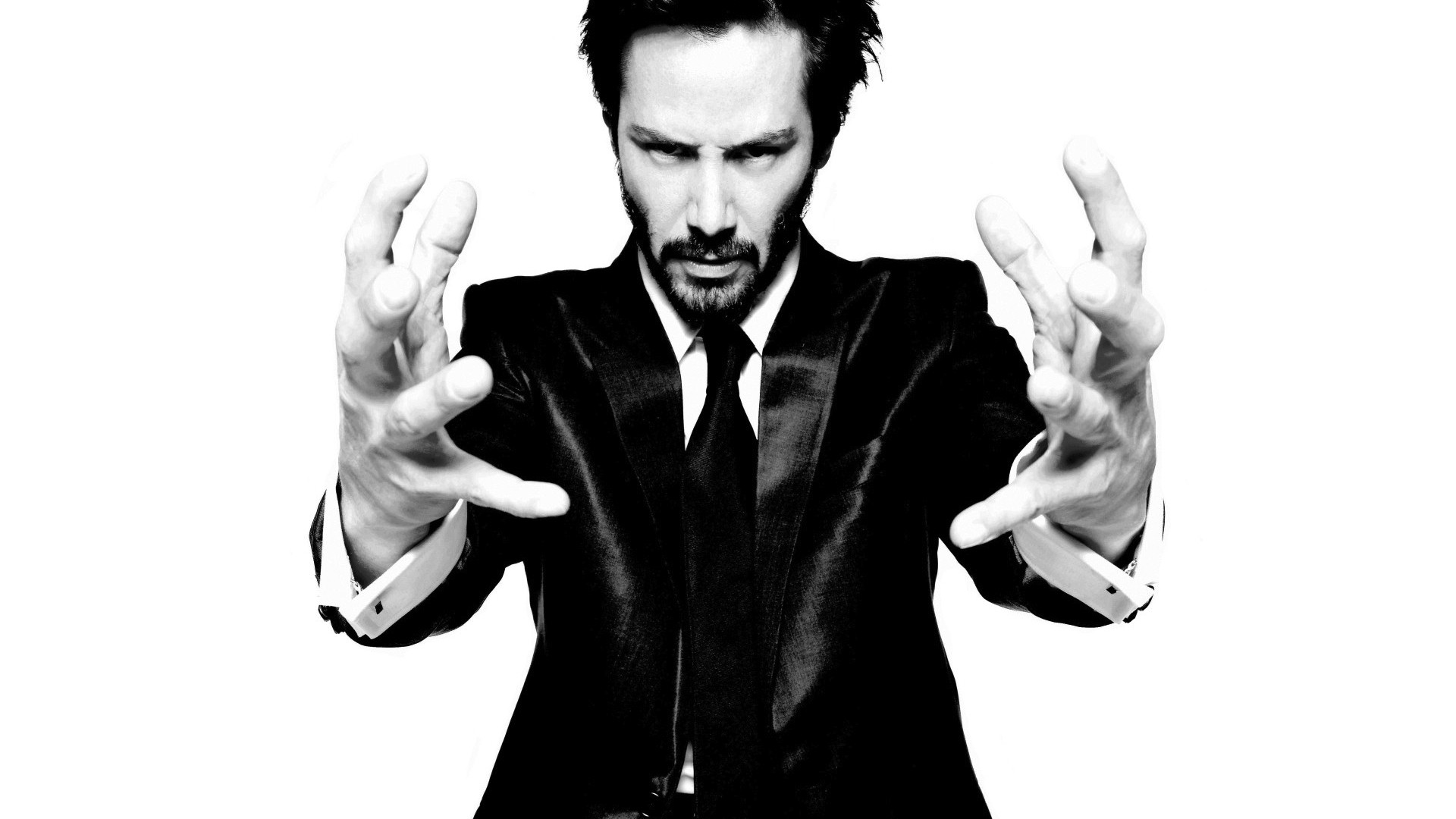 People 1920x1080 Keanu Reeves actor monochrome men hands white background simple background tie men indoors studio beard looking at viewer Canadian