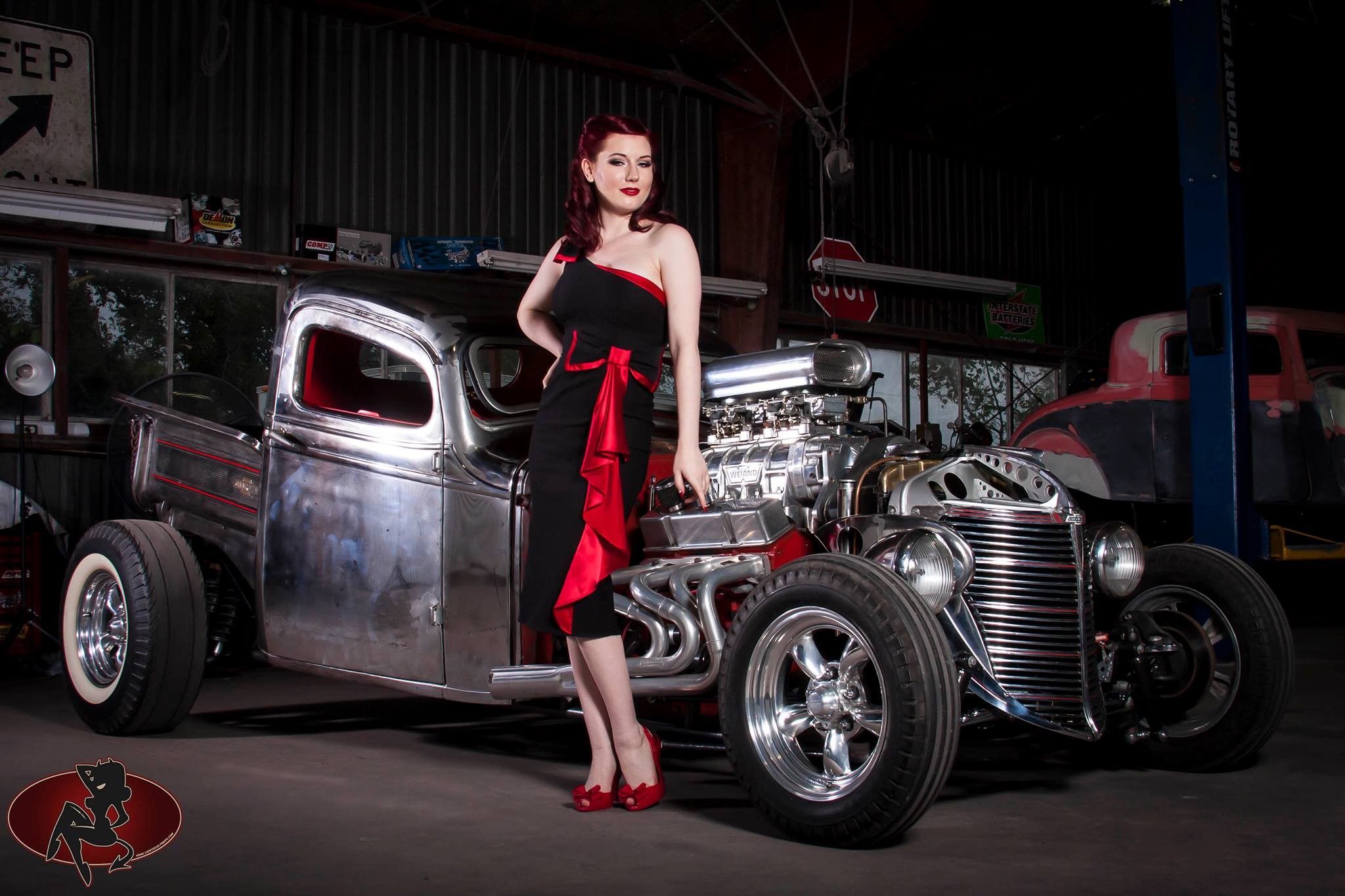 People 2048x1365 women car redhead open-toed shoes Lucky Devil women with cars old car Hot Rod smiling dress model vehicle heels red heels