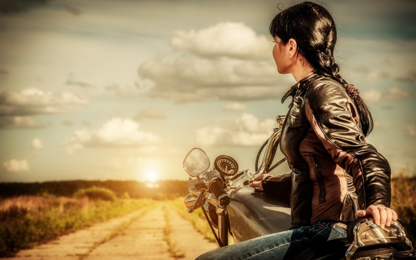 People 1440x900 women black hair motorcycle women outdoors outdoors model vehicle women with motorcycles clouds sunlight
