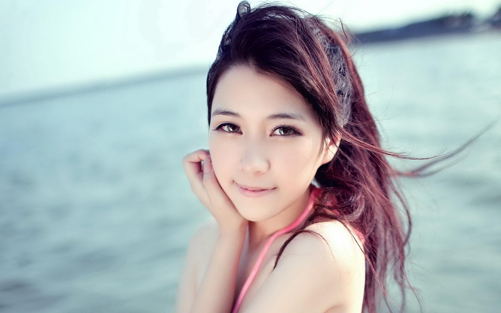 People 1920x1200 looking at viewer women Asian redhead smiling women outdoors outdoors dyed hair dark hair