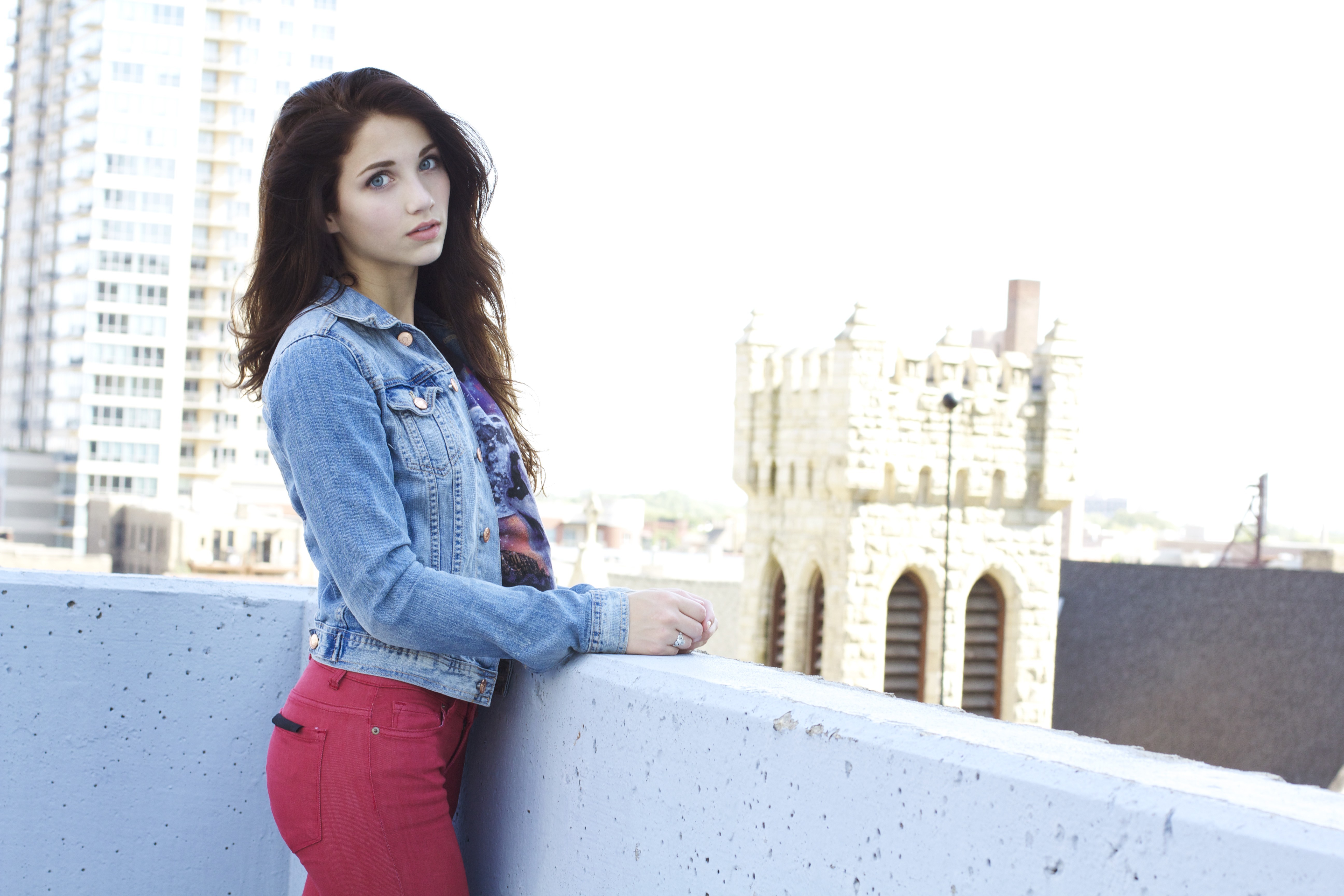 People 5184x3456 Emily Rudd women denim jacket red pants women outdoors balcony standing model brunette long hair looking at viewer blue eyes open mouth actress celebrity jeans